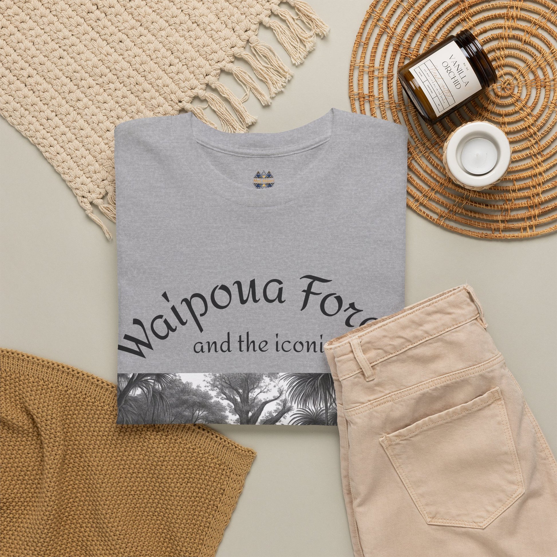 Heather gray graphic t-shirt with forest artwork panel and small chest logo