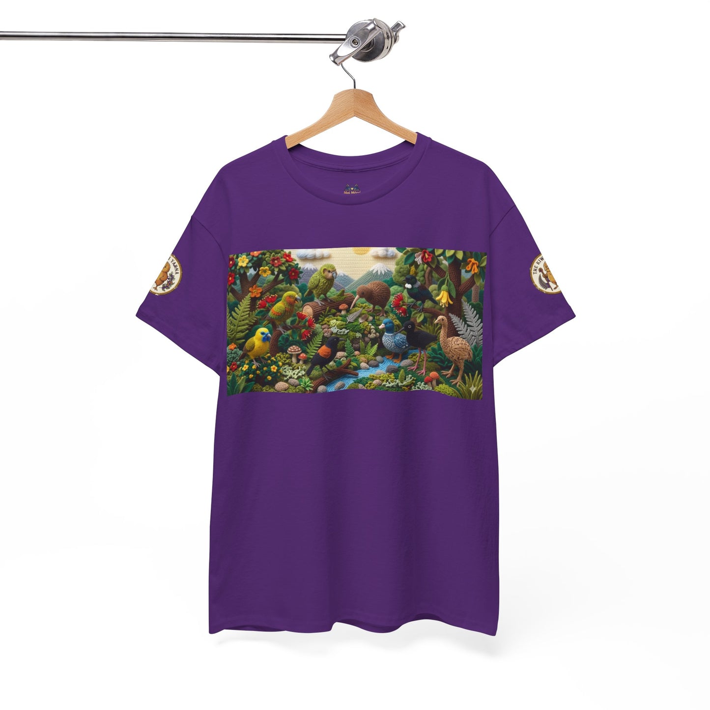 Purple T-shirt with wide scenic birds and foliage graphic across the chest