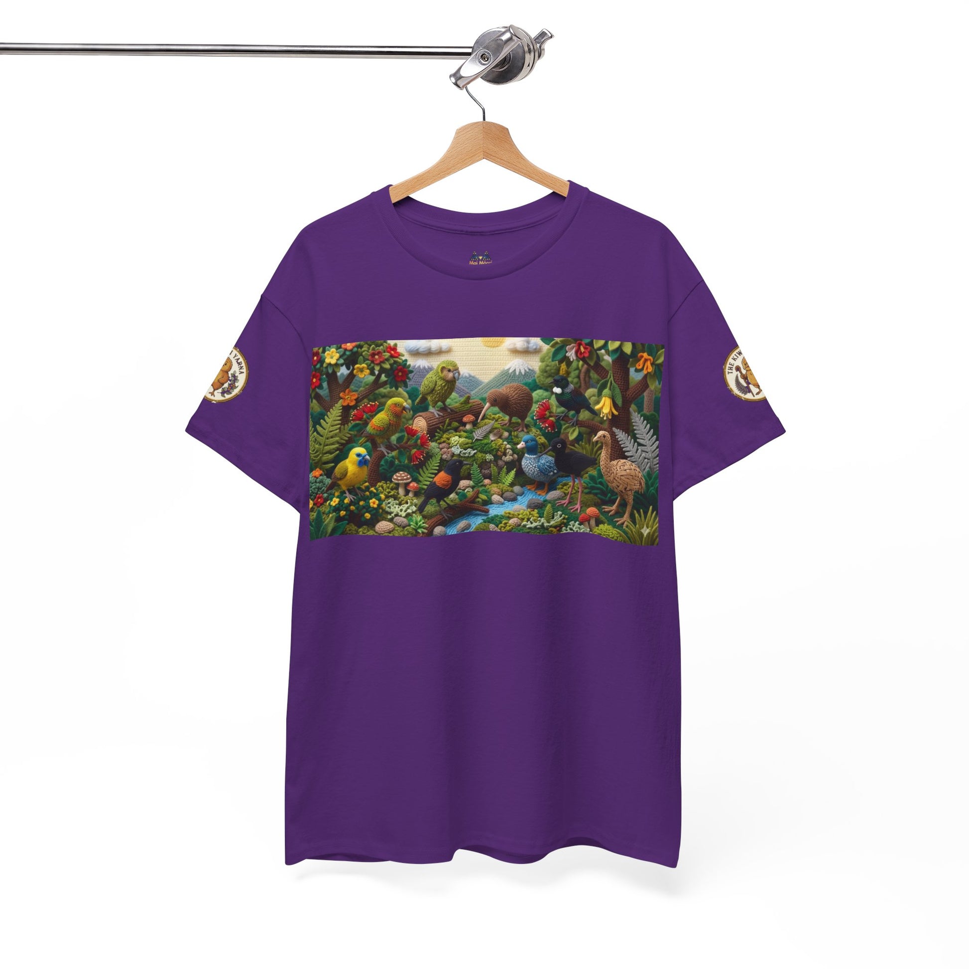 Purple T-shirt with wide scenic birds and foliage graphic across the chest