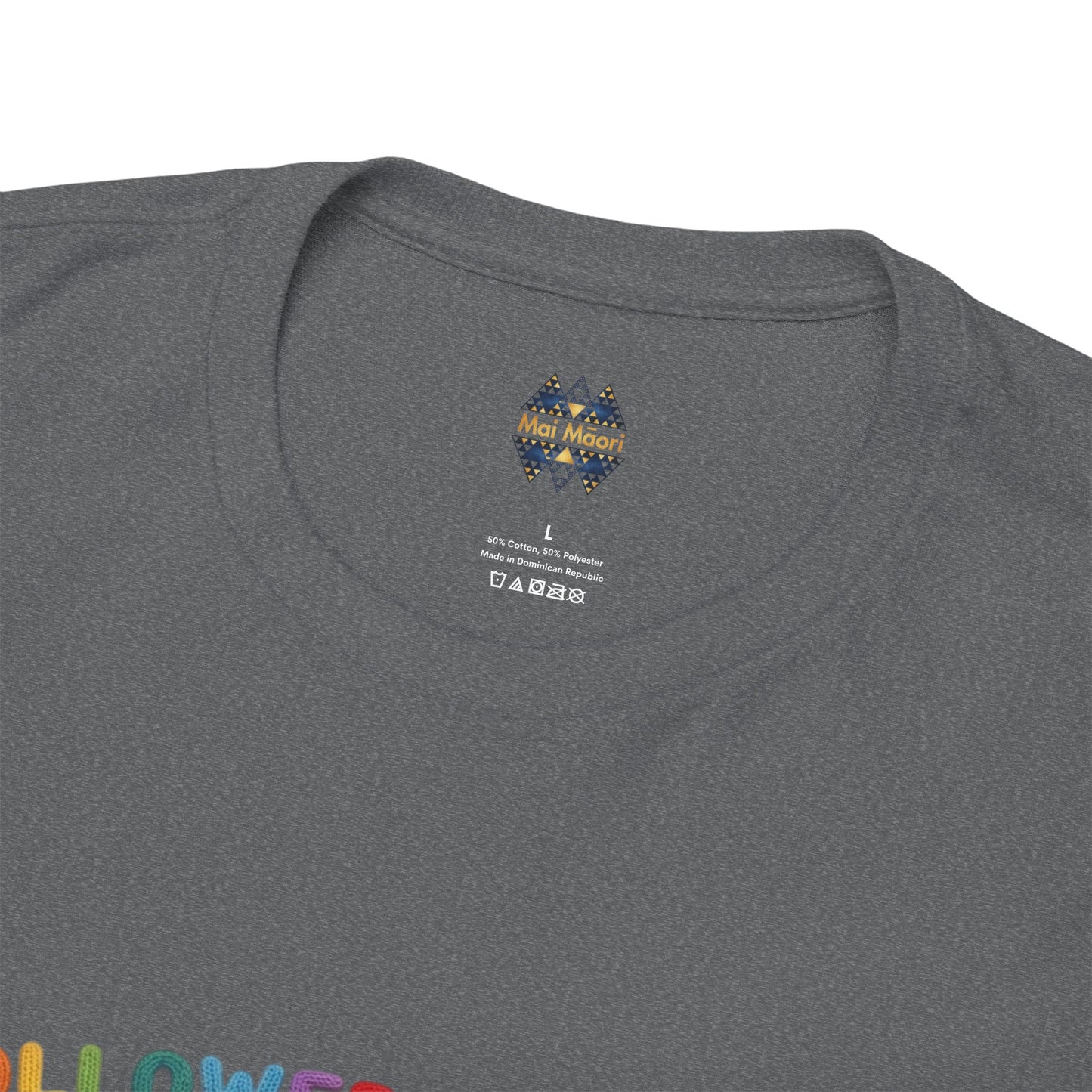 Dark heather gray crew-neck t-shirt, close-up of small chest label and neckline
