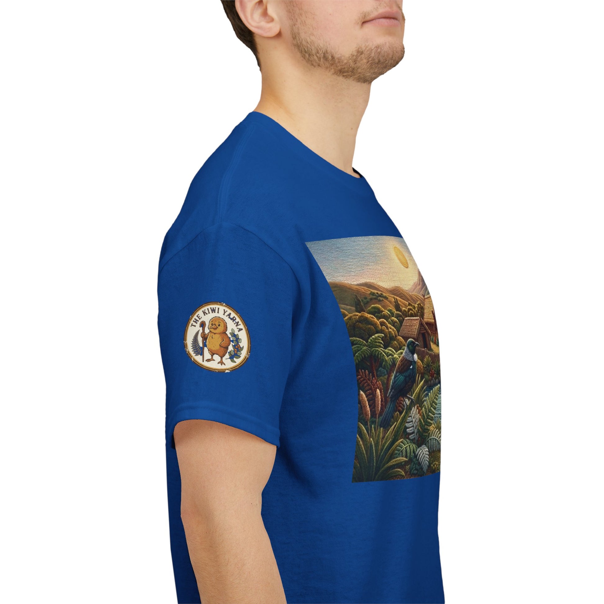 Royal blue T-shirt with landscape panel and circular sleeve logo patch
