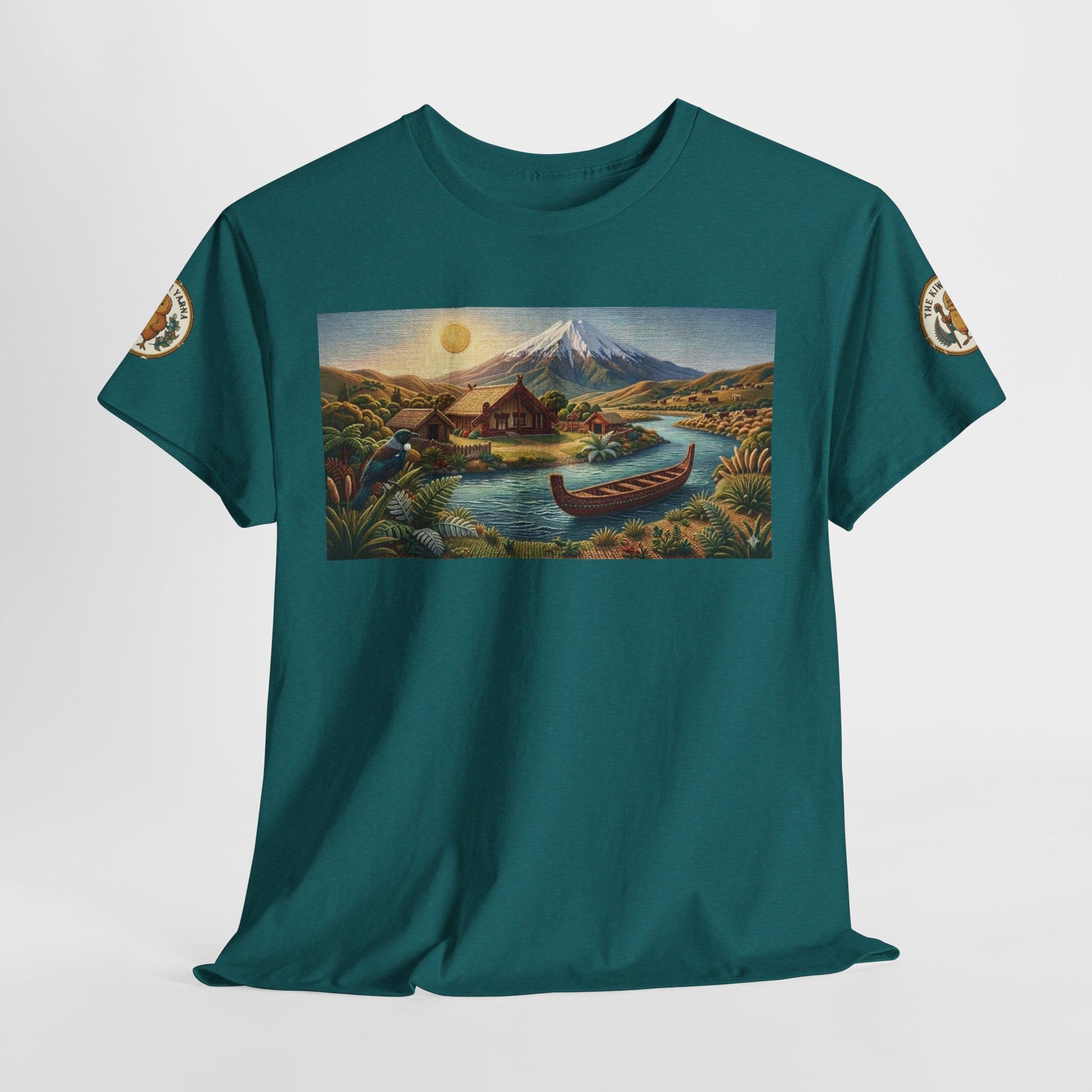 Teal short-sleeve T-shirt with rectangular landscape graphic on chest and sleeve emblems