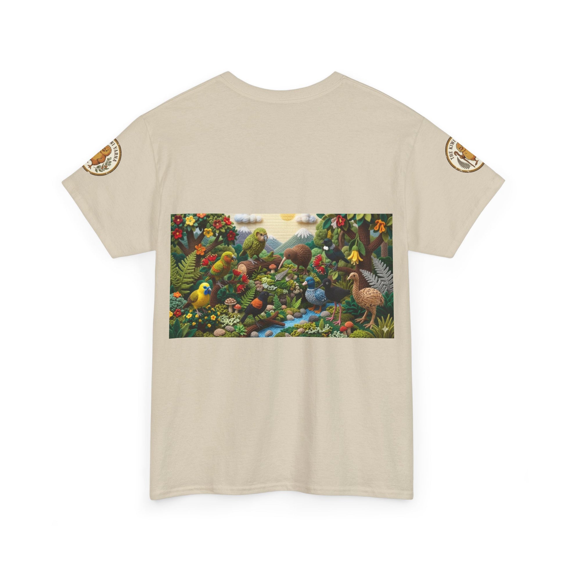 Sand crew-neck T-shirt with colorful birds-and-forest rectangular front graphic.