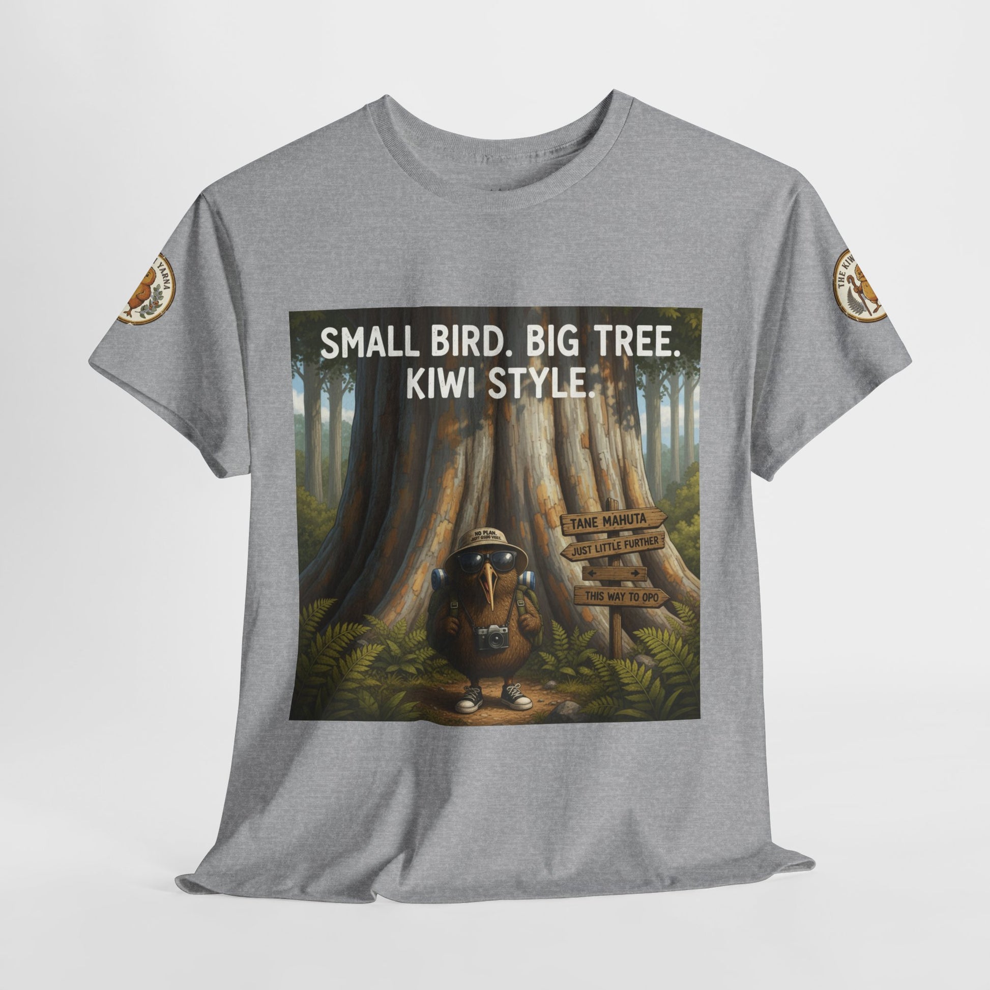 Heather gray crew-neck t-shirt with front forest scene graphic and small sleeve badges