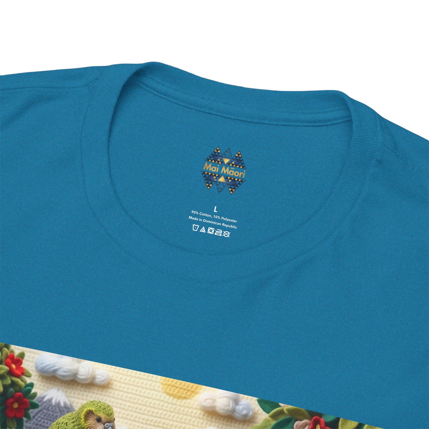 Teal crew-neck T-shirt with small chest logo and colorful bird scene print edge