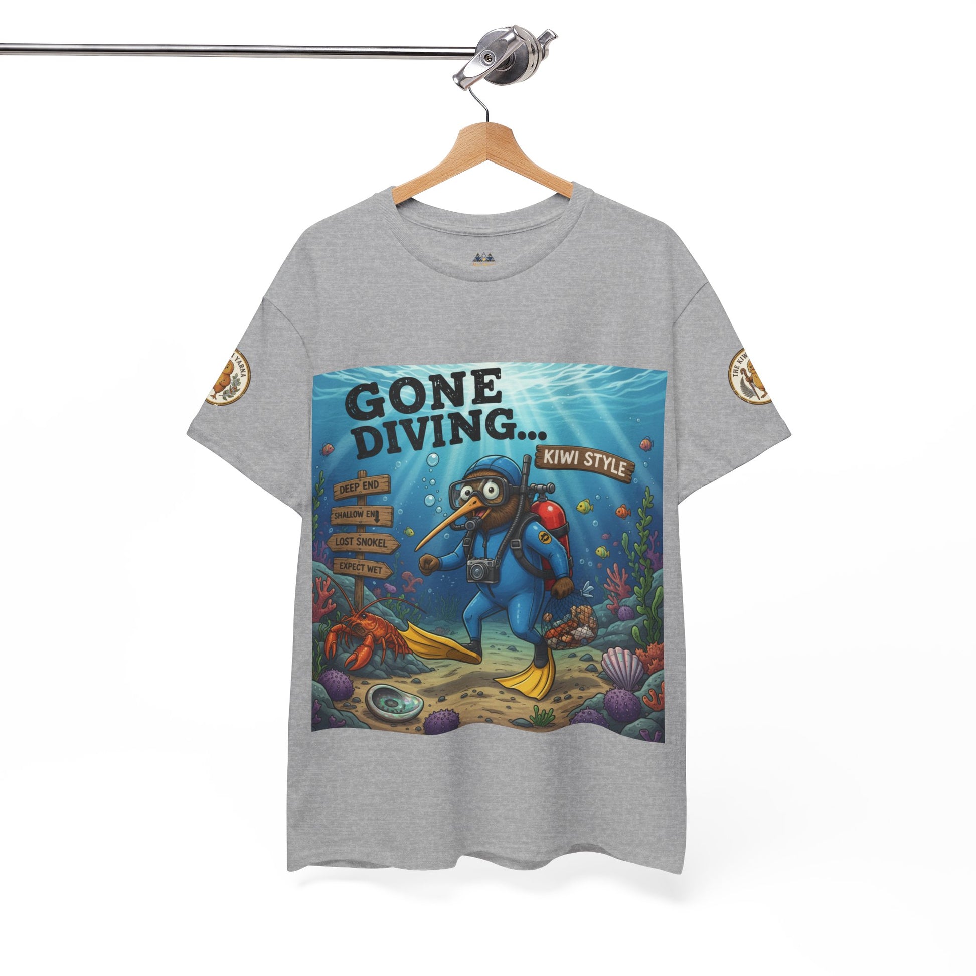 Gray crewneck graphic T-shirt on hanger, underwater diver square front print