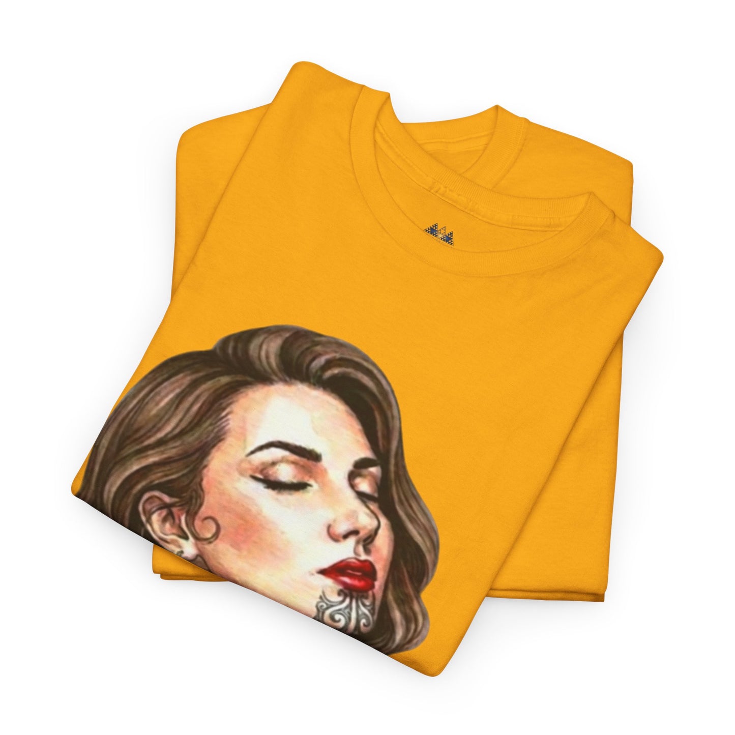 Mustard yellow graphic t-shirt stacked view with portrait face print.