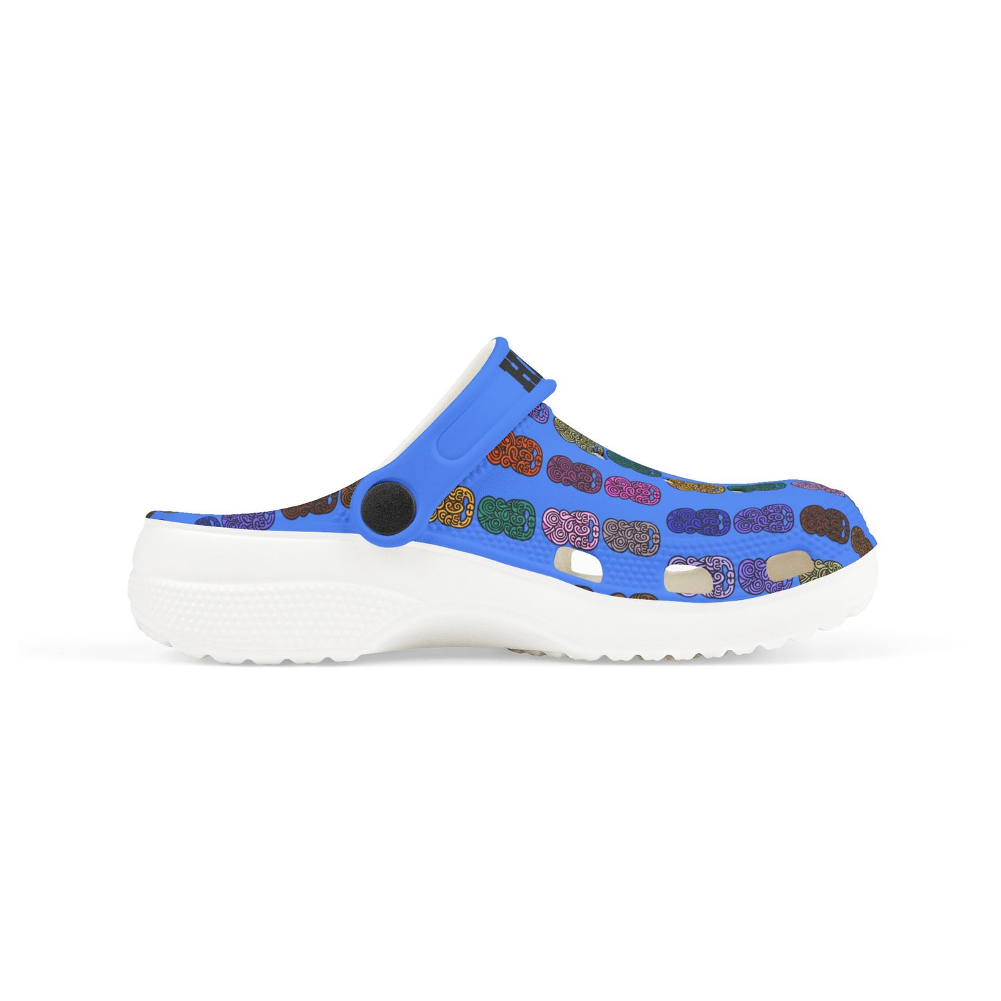 Kids slip-on casual shoe, side view, blue tiki-print upper with black pivot detail, white sole