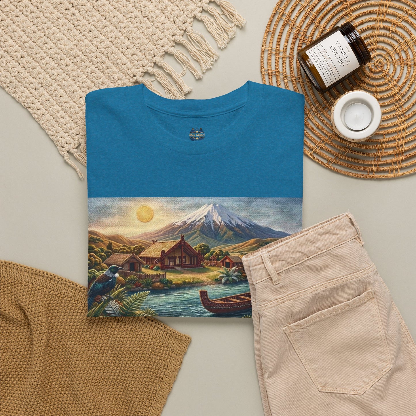 Teal short-sleeve T-shirt with large landscape print panel on the front