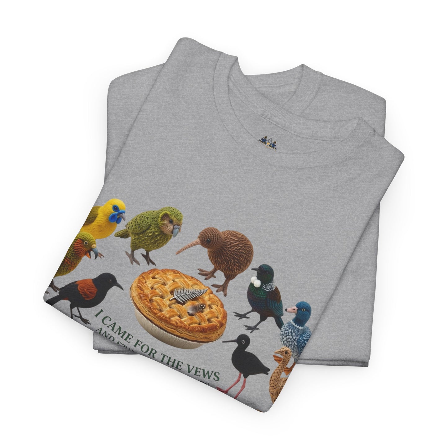 Heather gray graphic T-shirt with birds-and-pizza front print