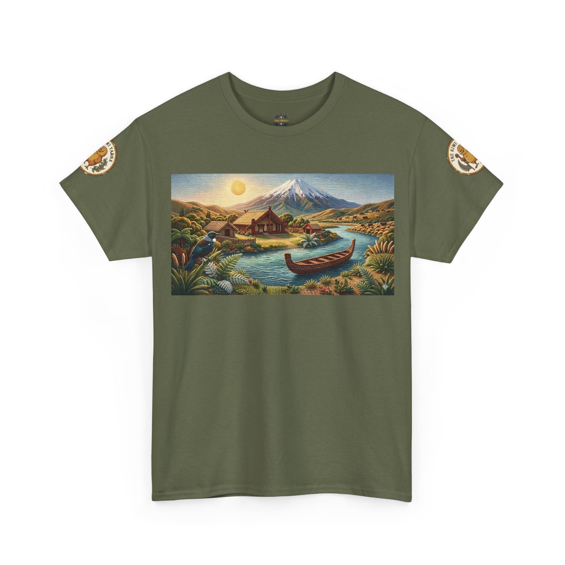 Olive green graphic T-shirt with landscape print and canoe; circular sleeve patches.