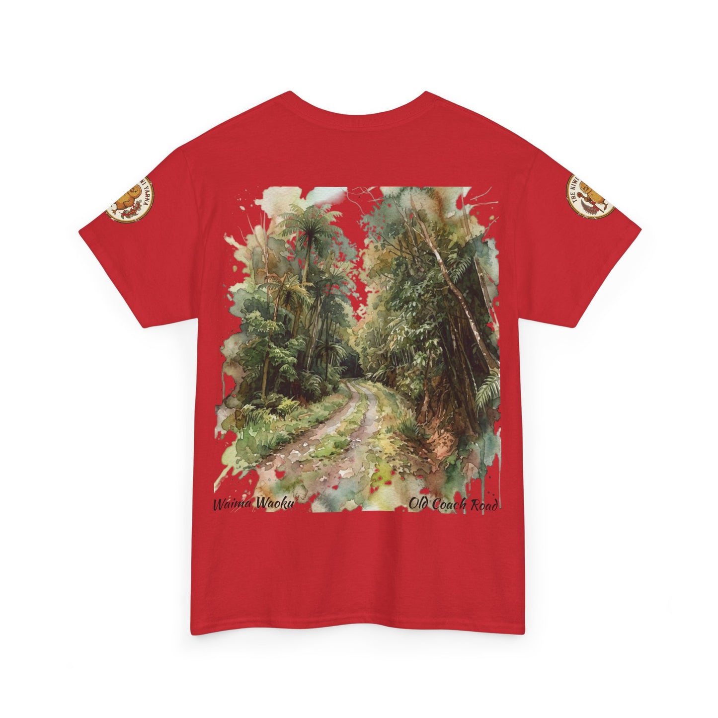 Red crewneck T-shirt with scenic landscape print and decorative side patches