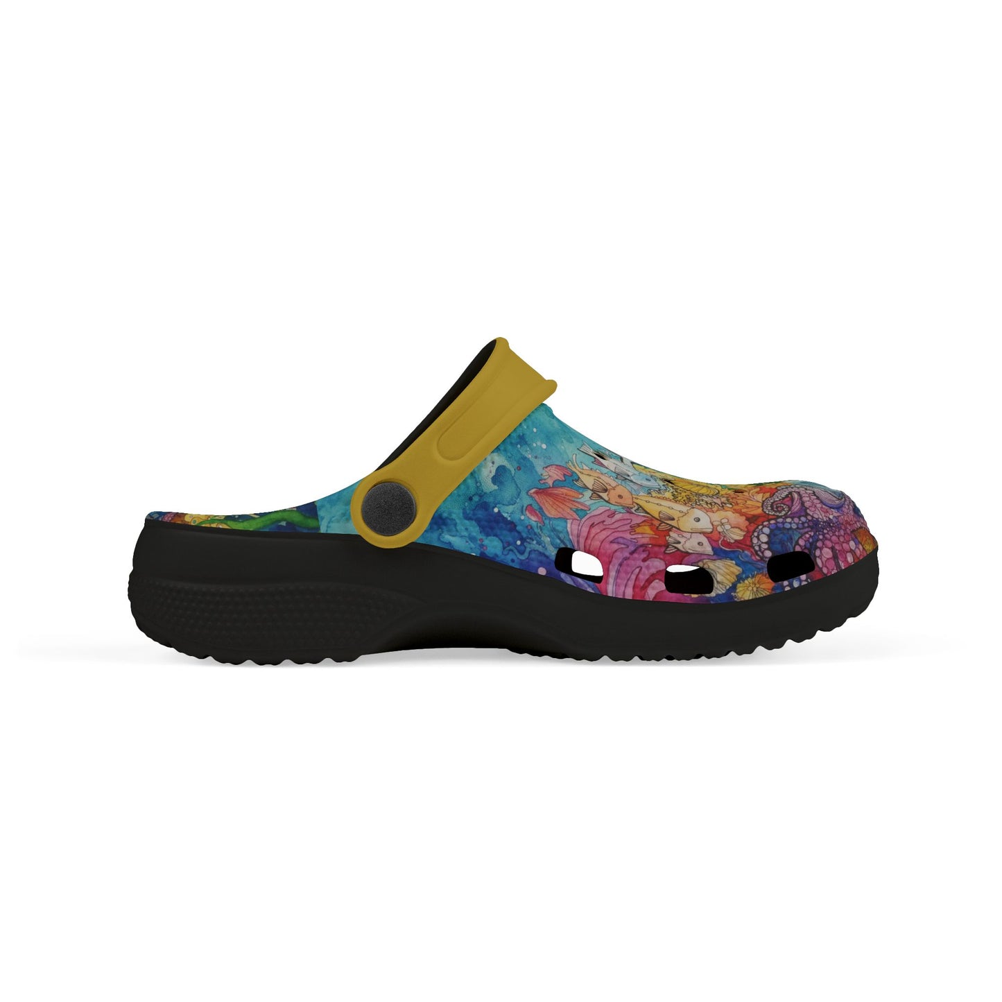 Kids casual clog shoe in blue and multicolor ocean print with black sole, yellow strap