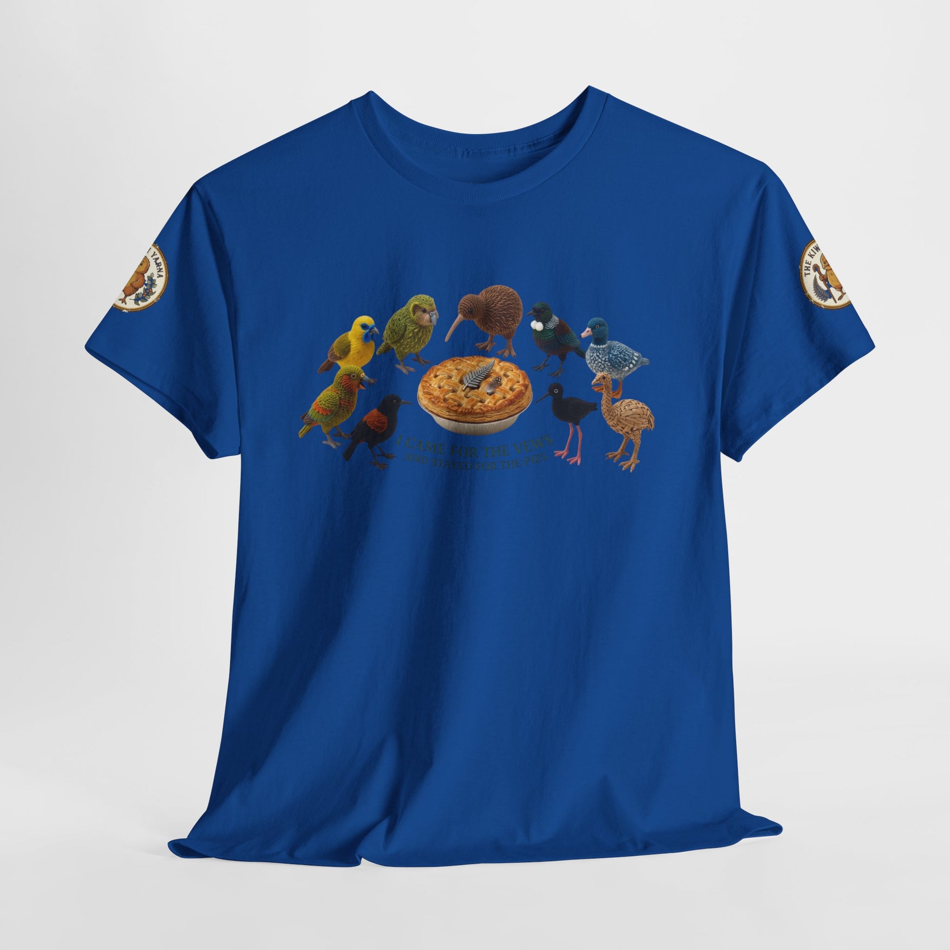 Royal blue graphic T-shirt with birds and pie-style emblem on chest