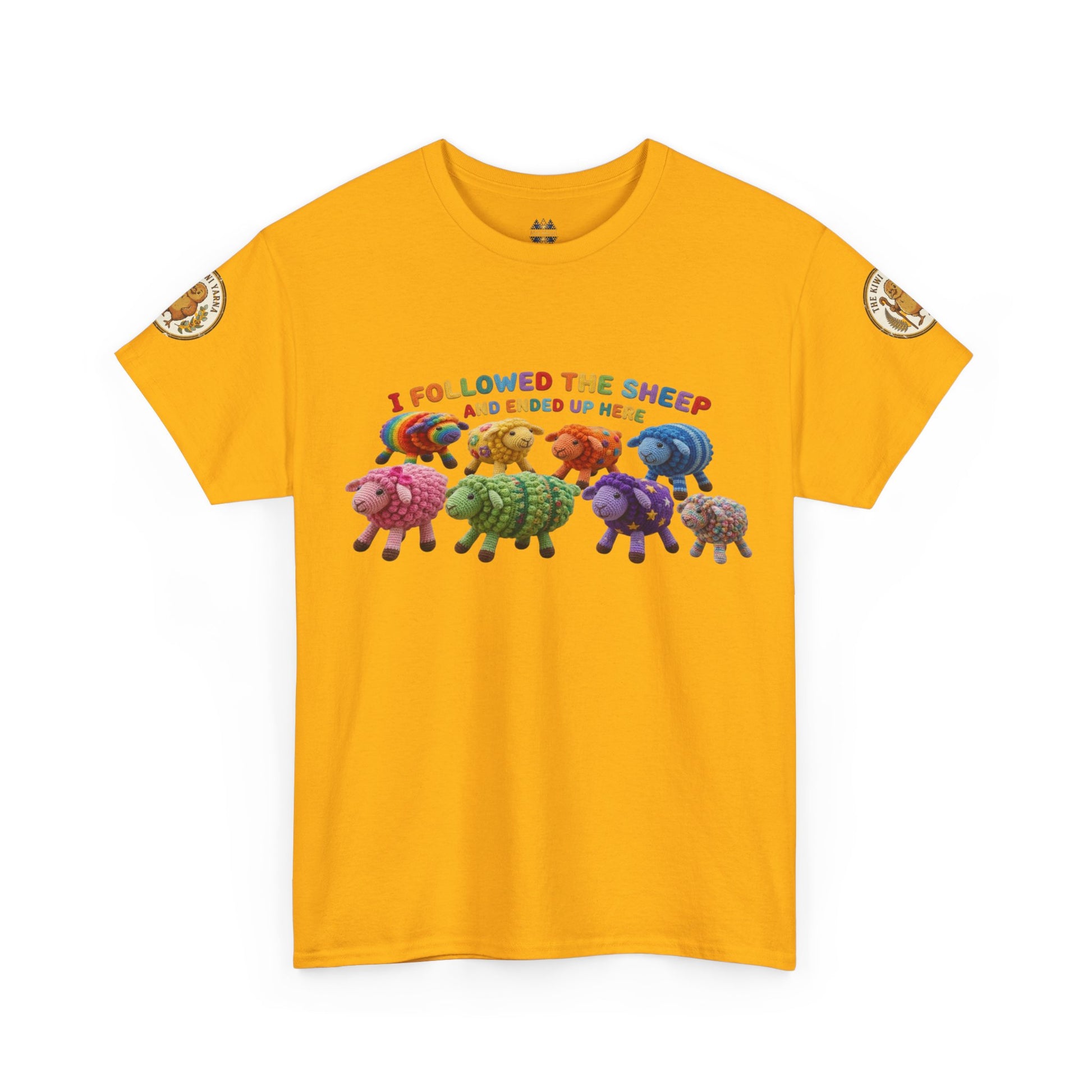 Gold crew-neck graphic T-shirt with colorful sheep crowd print and small circular sleeve badges