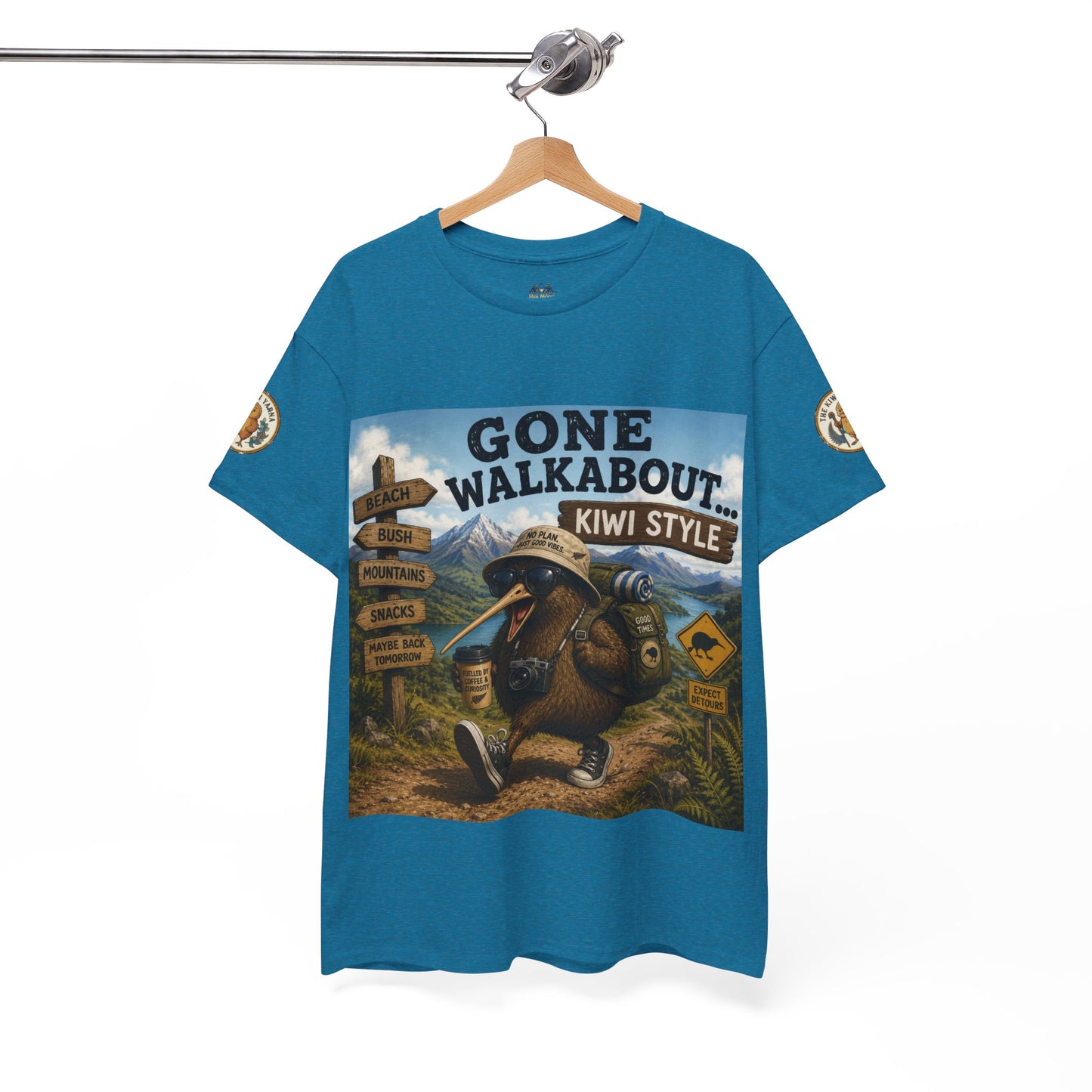 Blue short-sleeve crewneck T-shirt hanging on a hanger with kiwi-style front graphic.