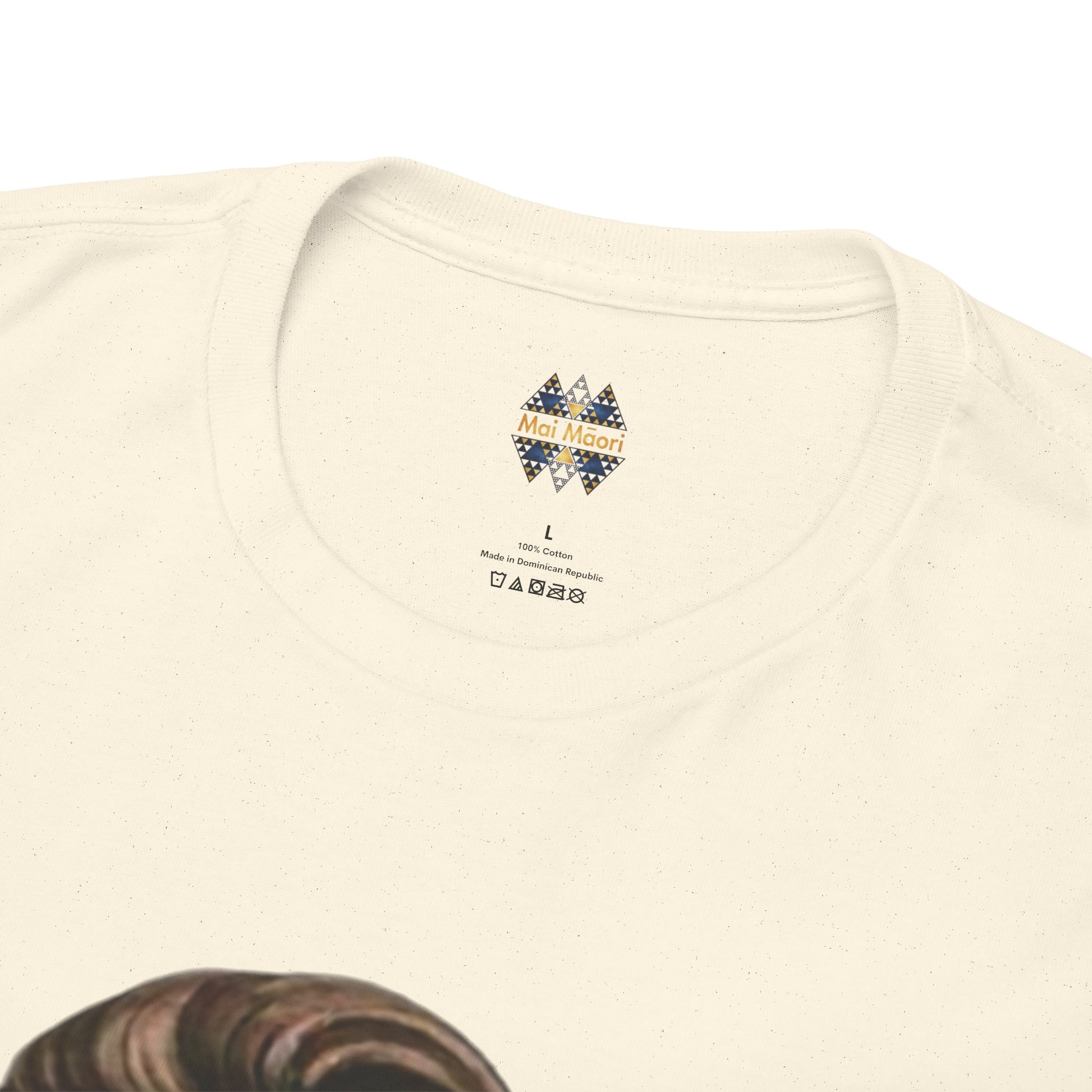 Cream T-shirt back neckline with small logo patch and brand text