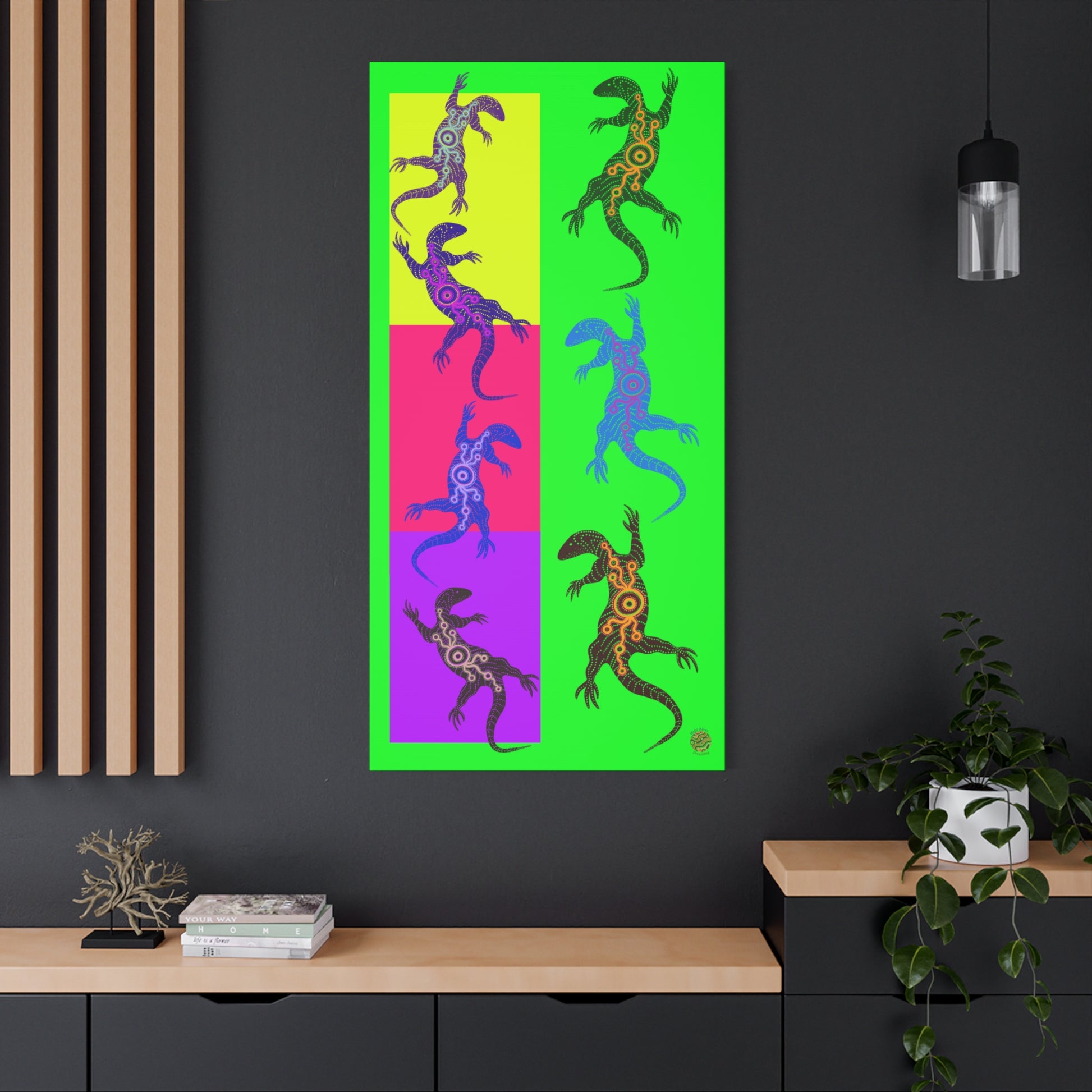 Neon green wall art print with repeating purple and teal lizard silhouettes
