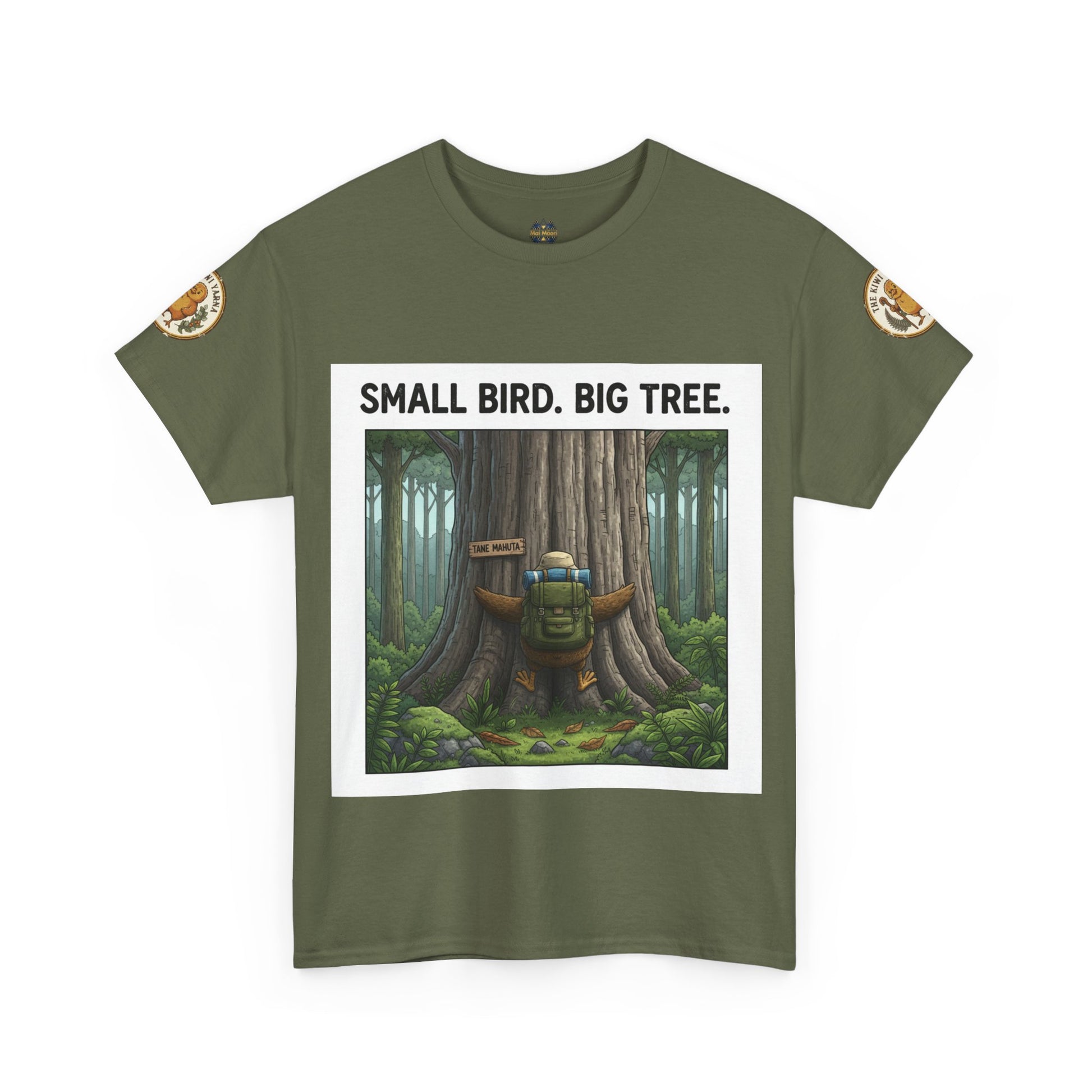 Olive green graphic T-shirt with forest scene print, round neck, short sleeves