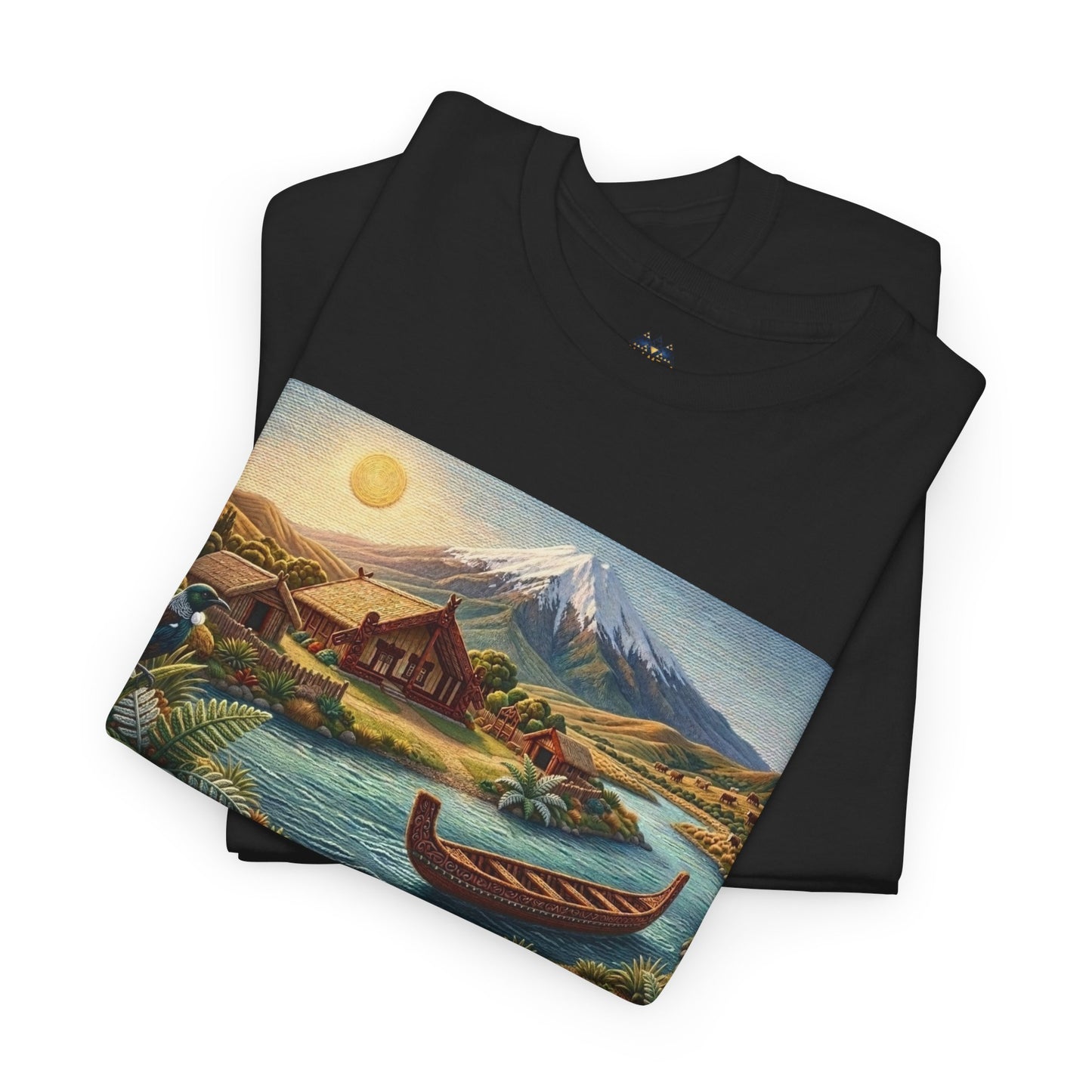 Black short-sleeve T-shirt with front landscape print and small chest logo