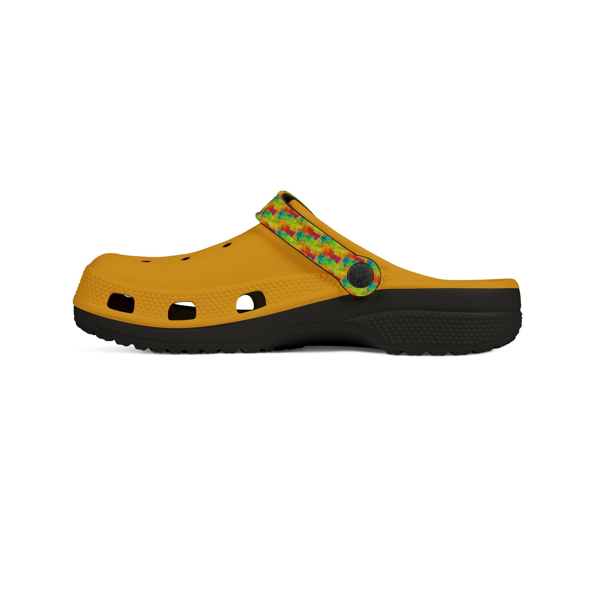 Ahi clog on side, yellow upper with multicolor strap, perforated toe holes, black sole.