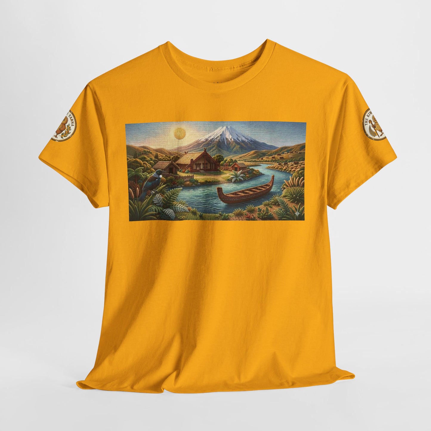 Unisex yellow T-shirt with rectangular landscape graphic and sleeve emblems.