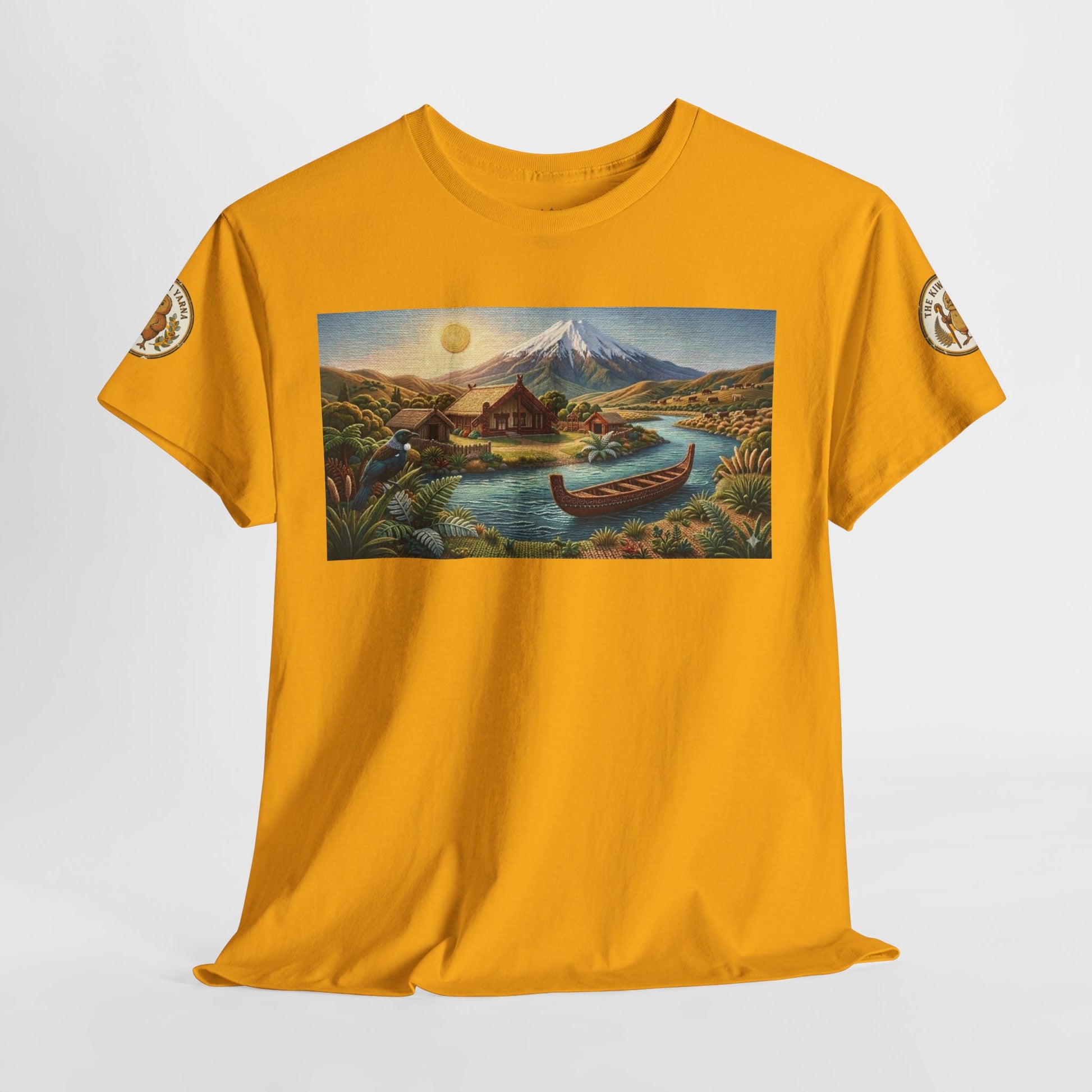 Unisex yellow T-shirt with rectangular landscape graphic and sleeve emblems.
