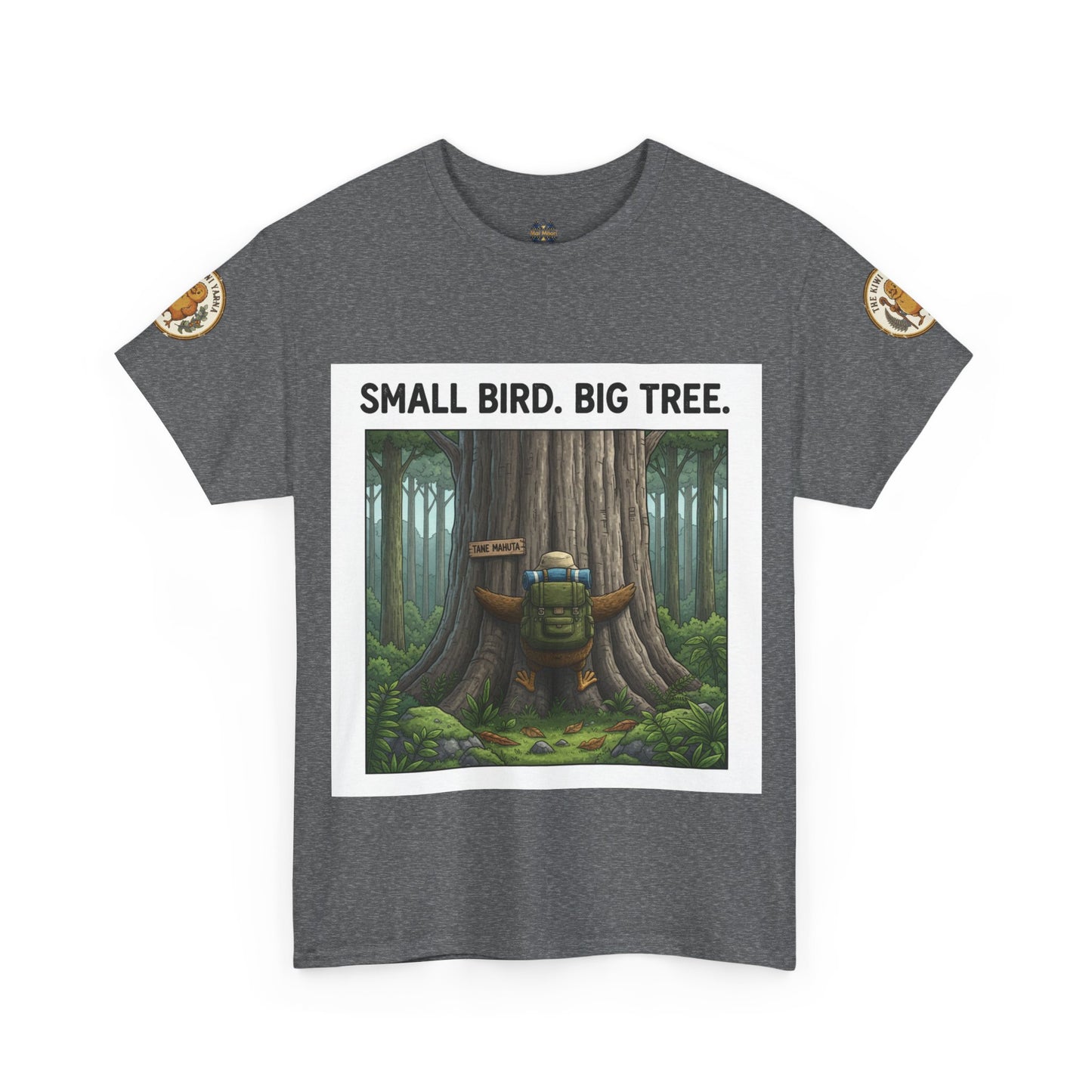 Dark heather gray graphic T-shirt with forest scene print, round neck, short sleeves