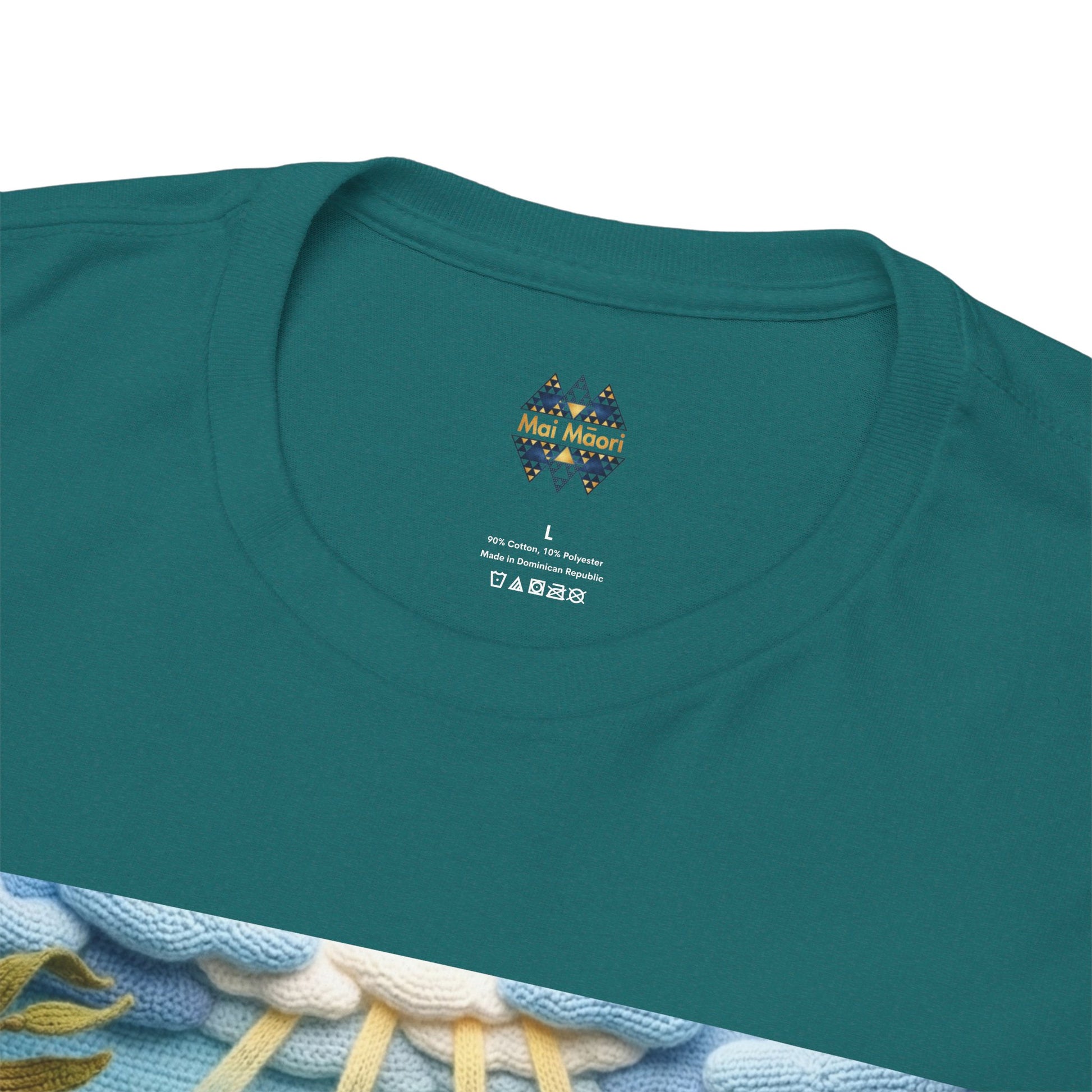 Teal short-sleeve T-shirt close-up of crew neck with small chest logo