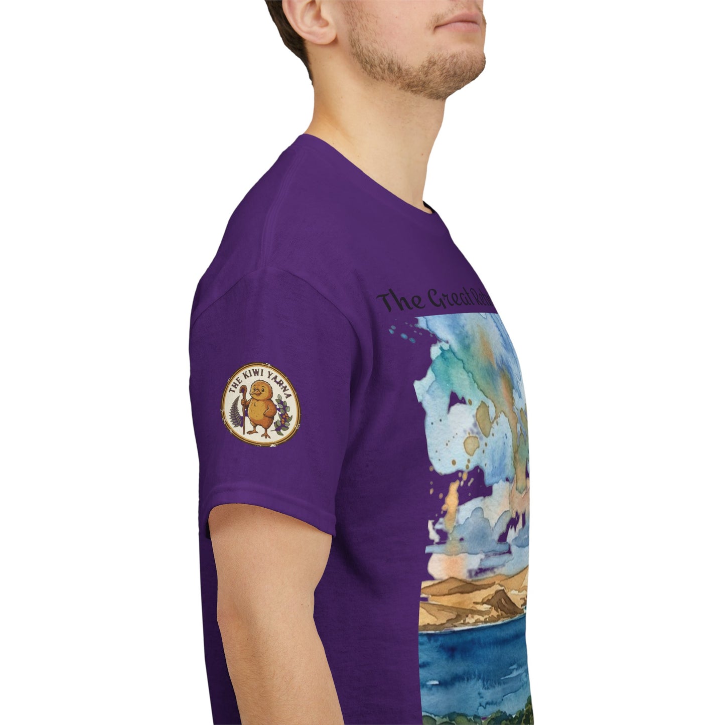 Purple crew-neck T-shirt showing side landscape graphic and circular left-sleeve patch.