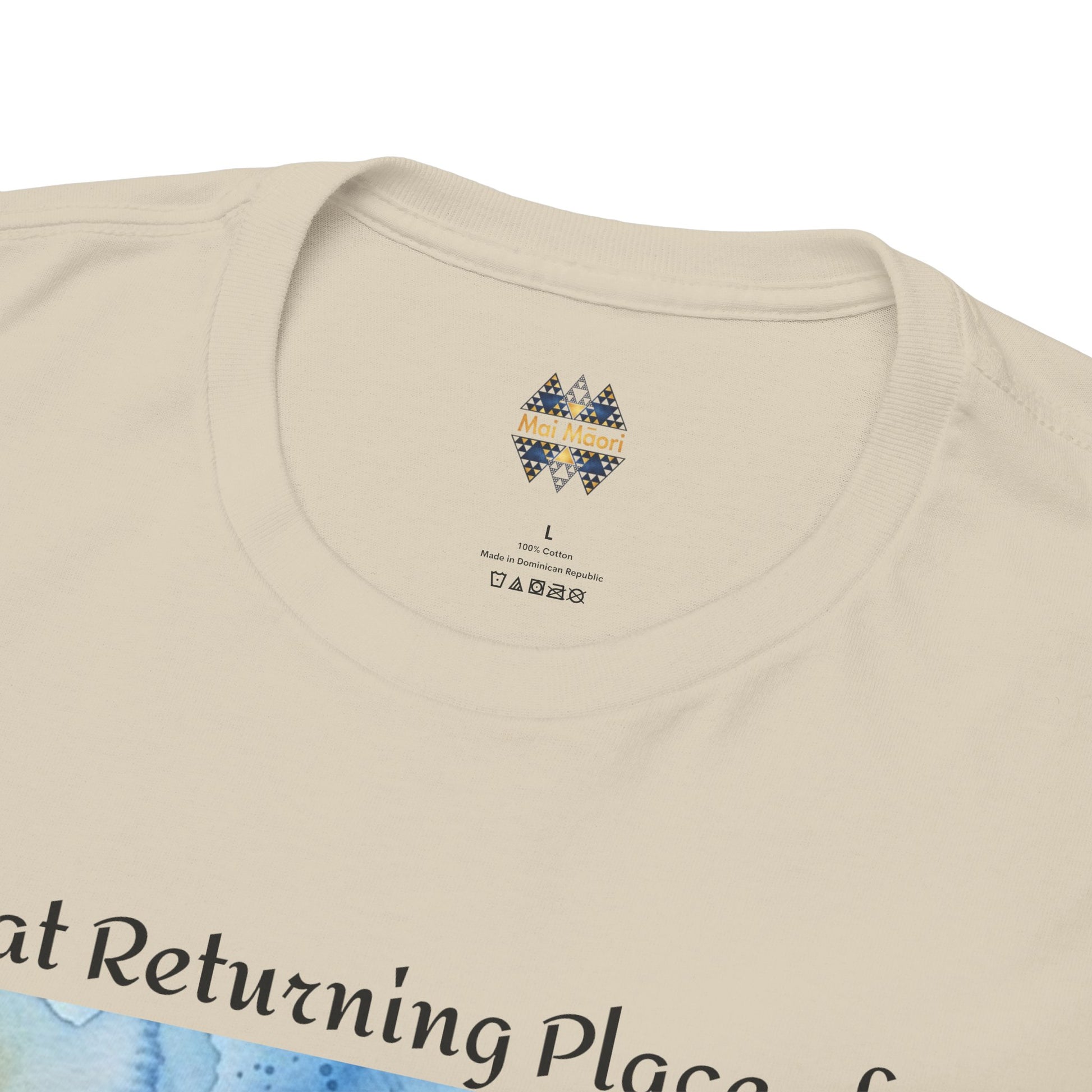 Light beige crew-neck T-shirt with small colorful logo on the chest