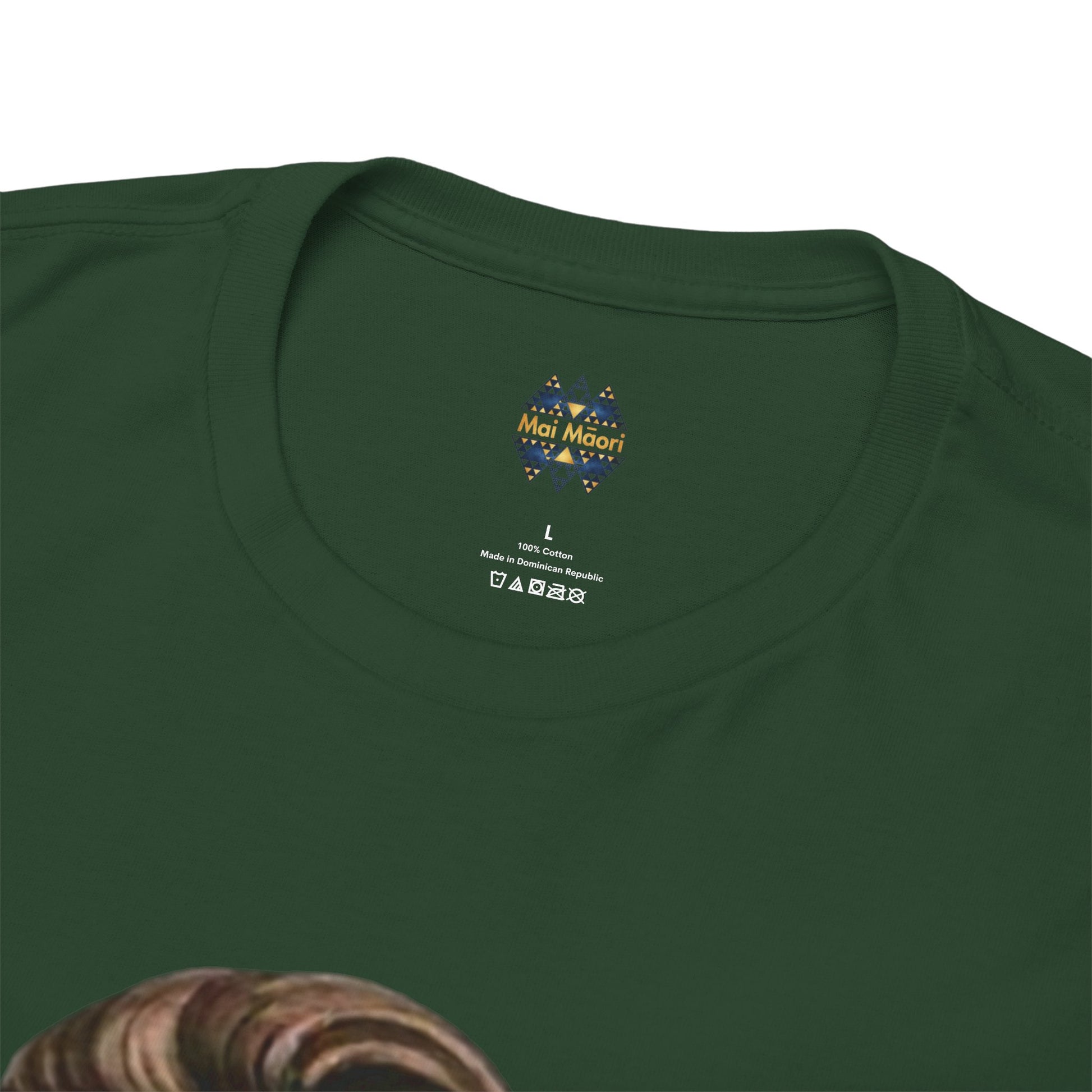 Dark green crewneck T-shirt neckline with small chest logo patch, short sleeves.