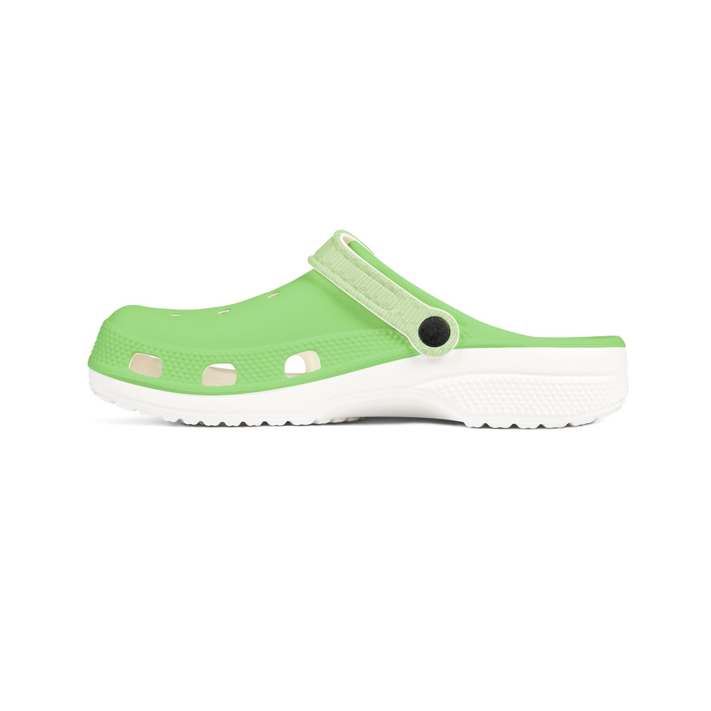 Maoritanga slide clogs, green upper with strap, white treaded sole