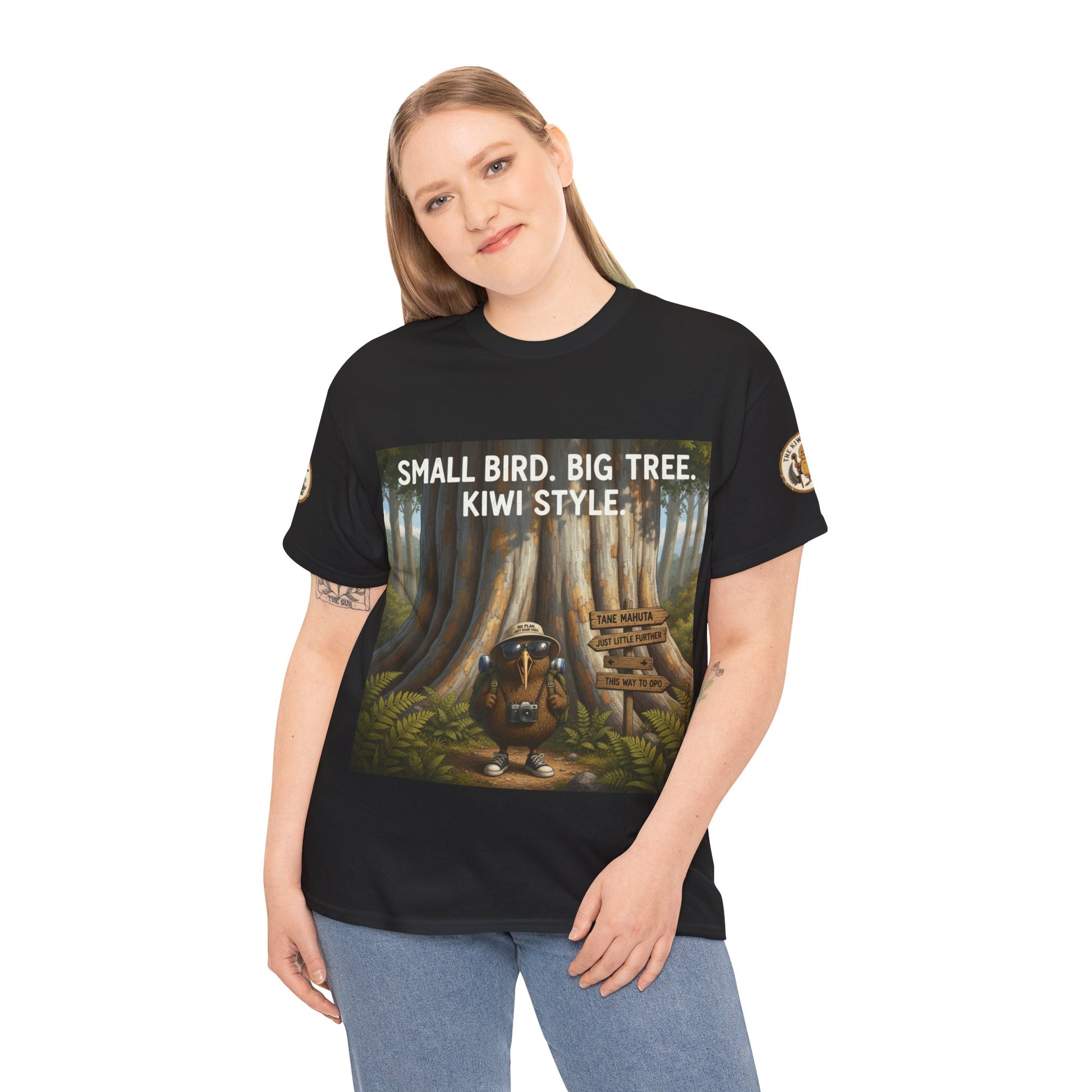 Black crew-neck T-shirt with front forest graphic and circular sleeve logo patches