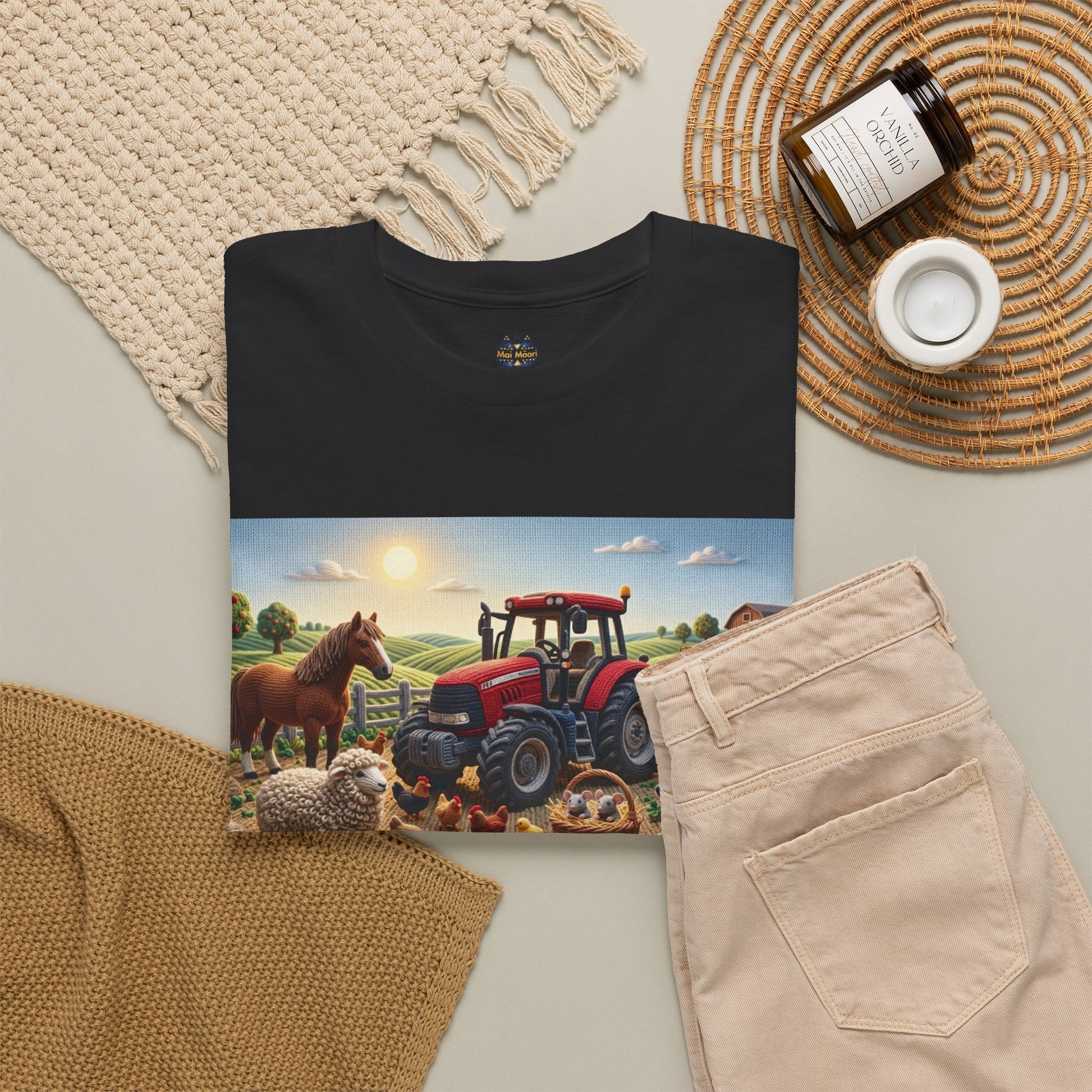 Black crewneck T-shirt with front farm scene graphic and rectangular print
