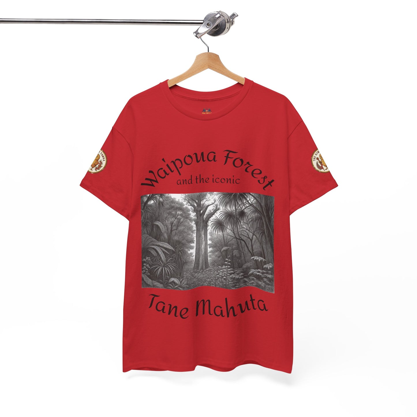 Red graphic T-shirt hanging display with forest panel print and crew neck