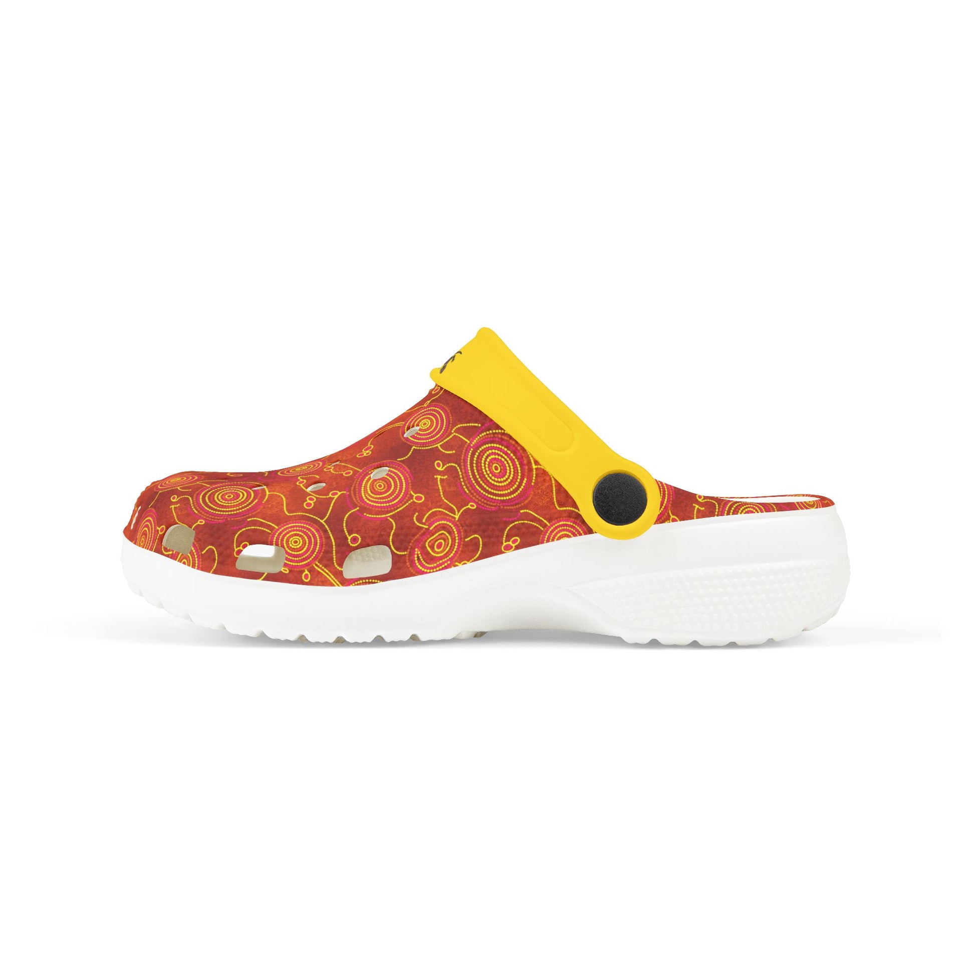 Aboriginal art casual clog shoe, red patterned upper with yellow strap and white sole