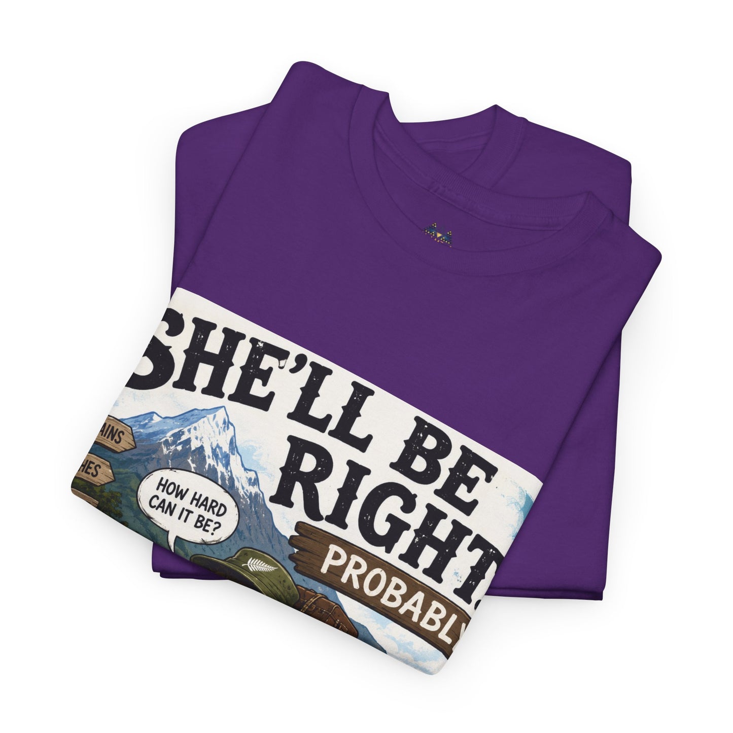 Purple graphic T-shirt with large front quote print and vintage car scene