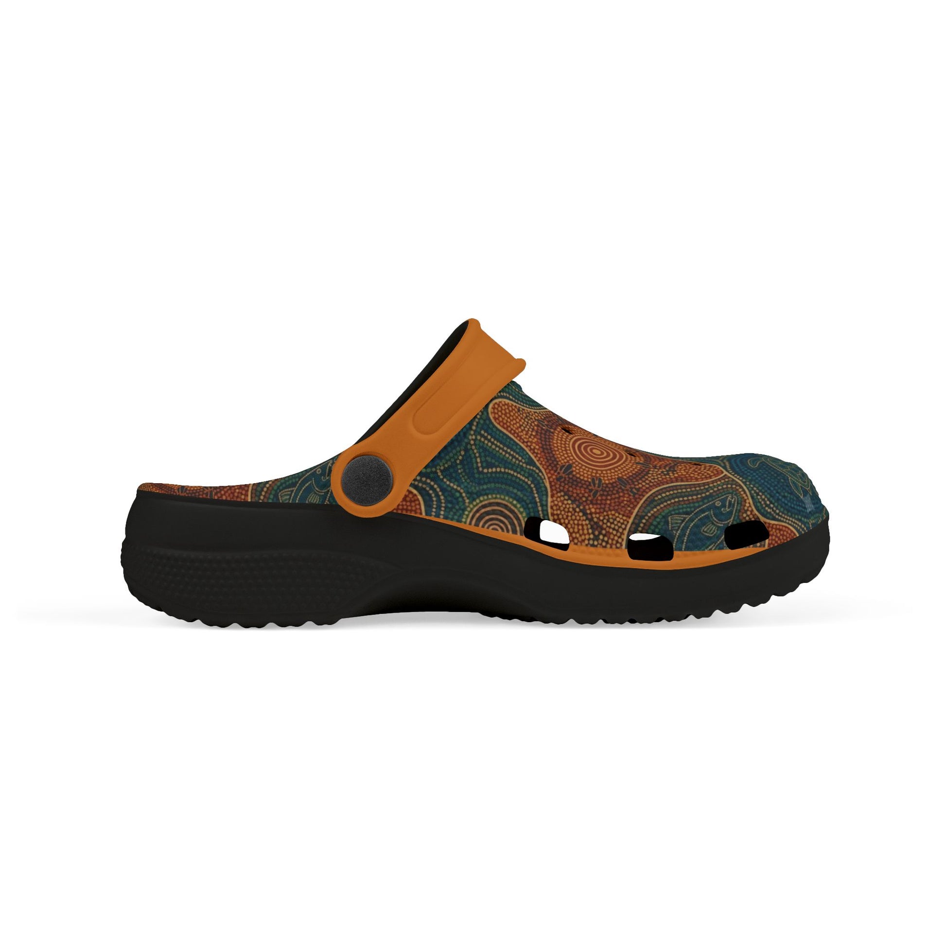 Casual clog shoe side view with teal-and-orange art print, orange strap, black base