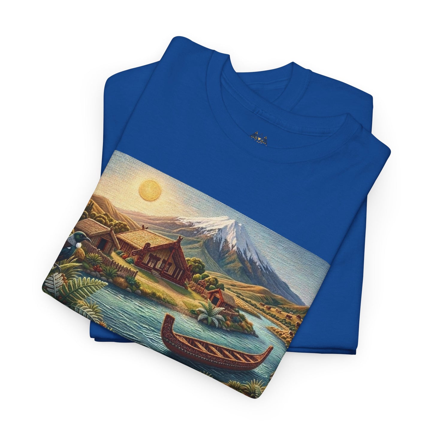 Royal blue crewneck T-shirt with landscape canoe graphic panel