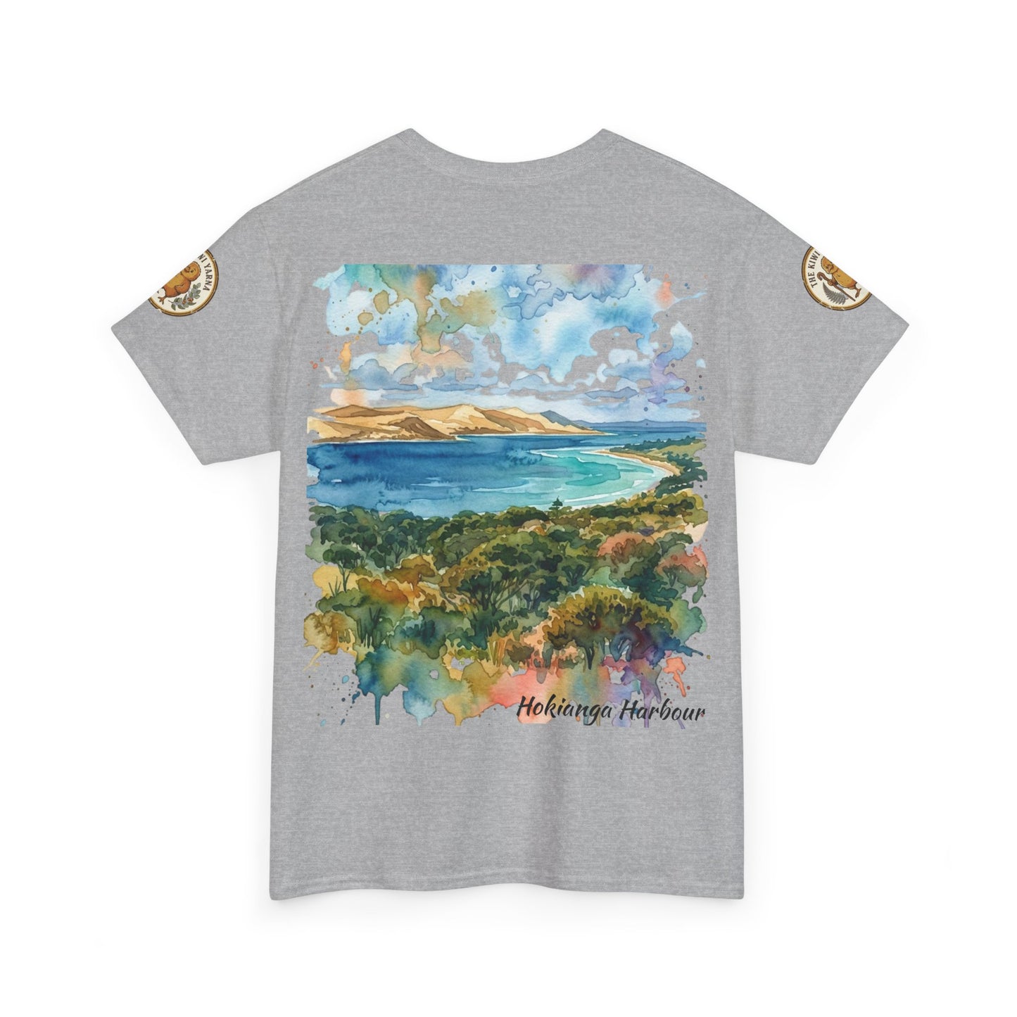Light gray heather crewneck T-shirt with watercolor harbor landscape and sleeve badges