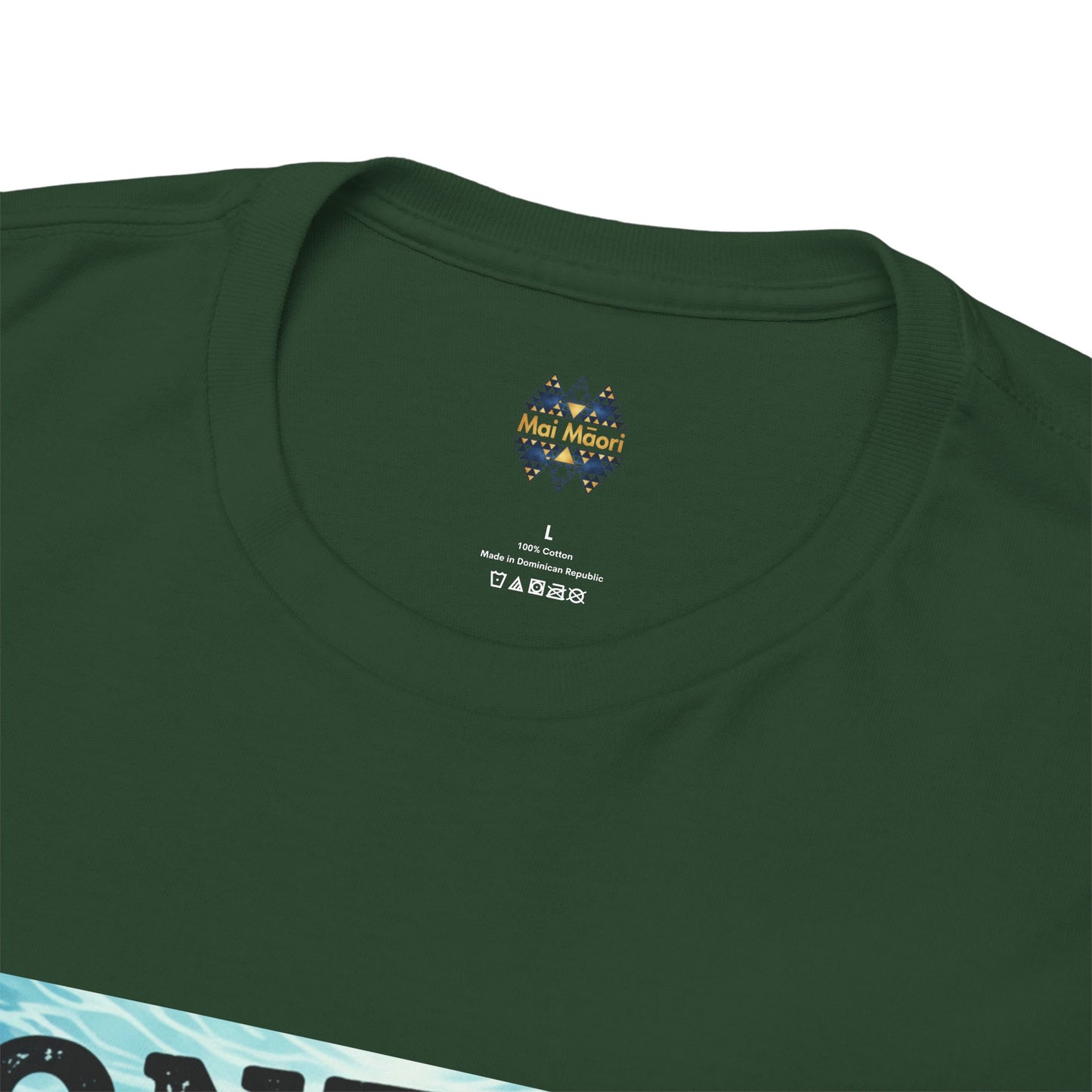Dark green crewneck T-shirt with small chest logo and size tag on neck area