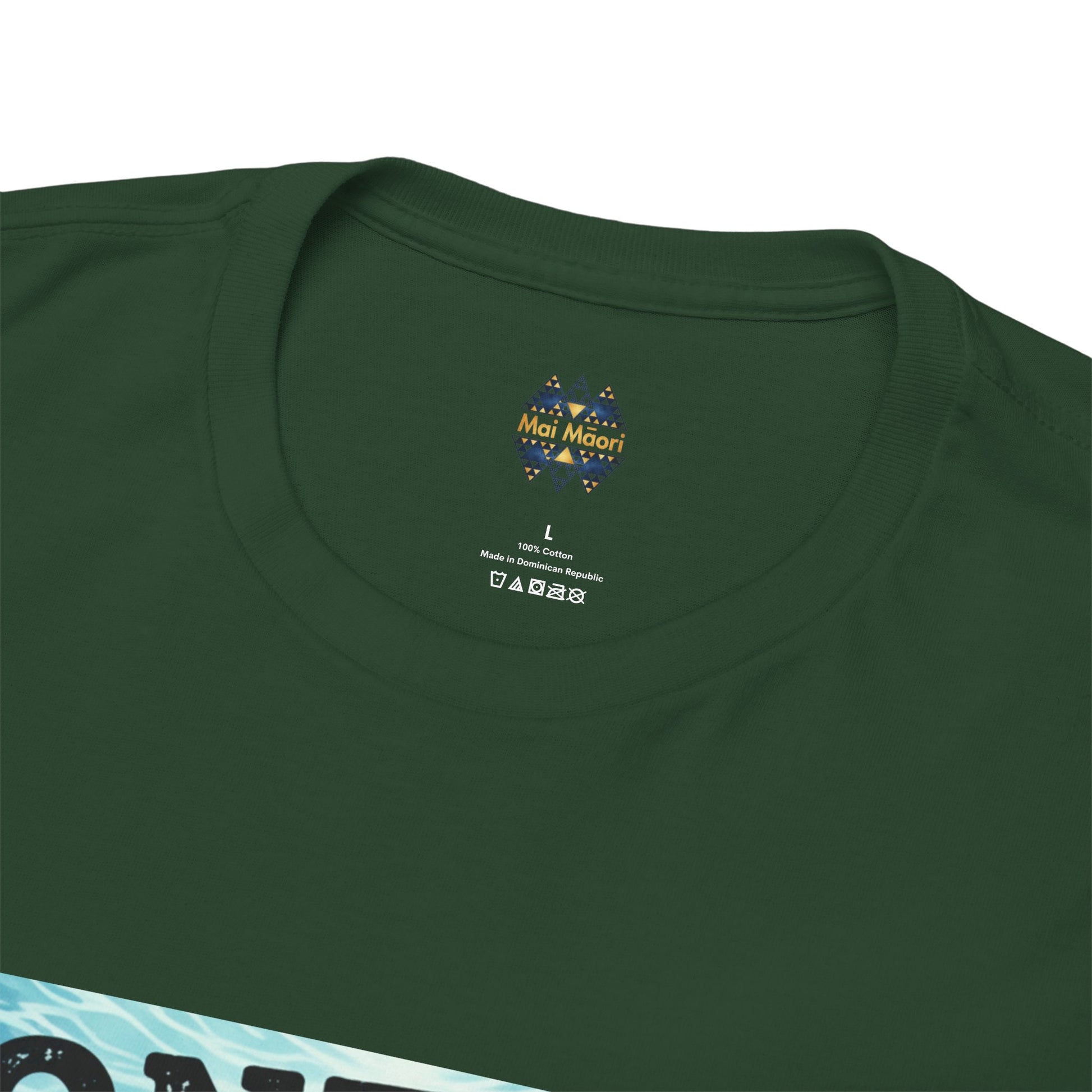 Dark green crewneck T-shirt with small chest logo and size tag on neck area
