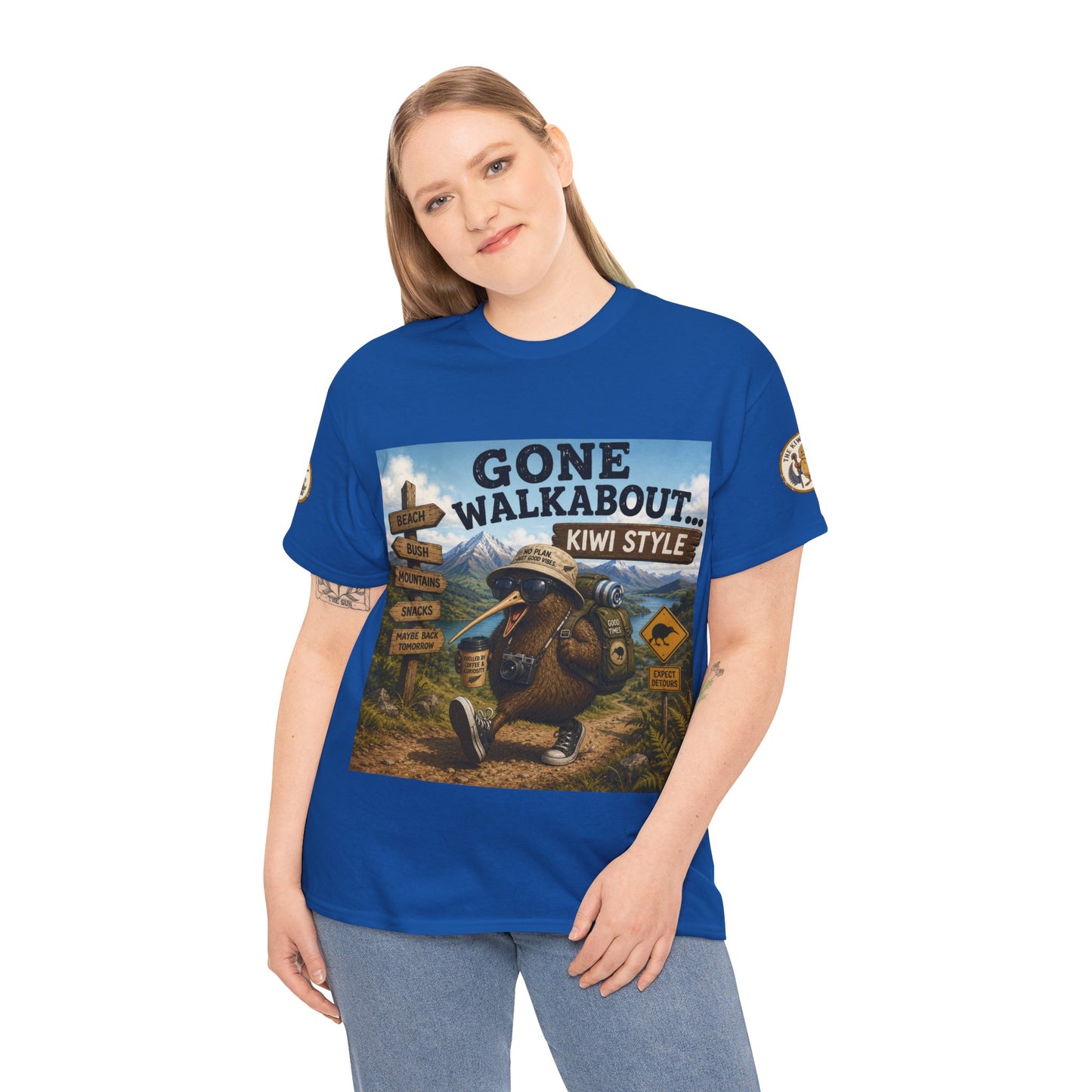 Blue crewneck graphic T-shirt with kiwi adventure poster print