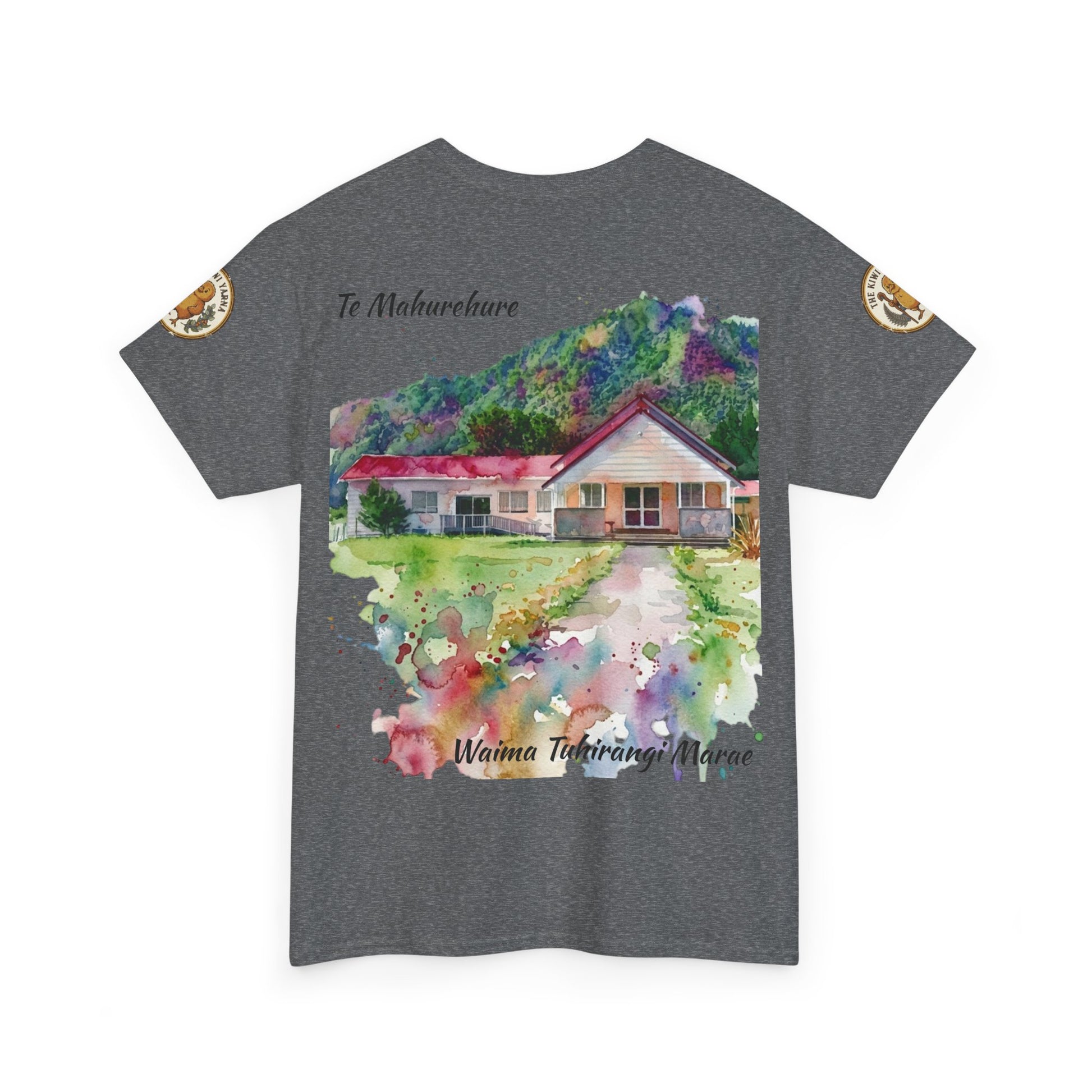 Heather gray graphic T-shirt with watercolor house scene and text