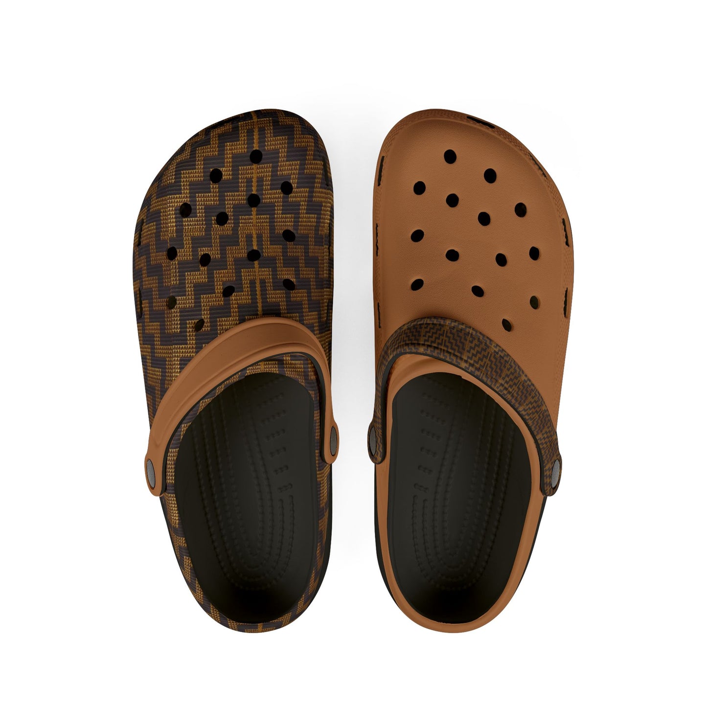 Slip-on clog with dark patterned upper, tan solid top, and white vented outsole