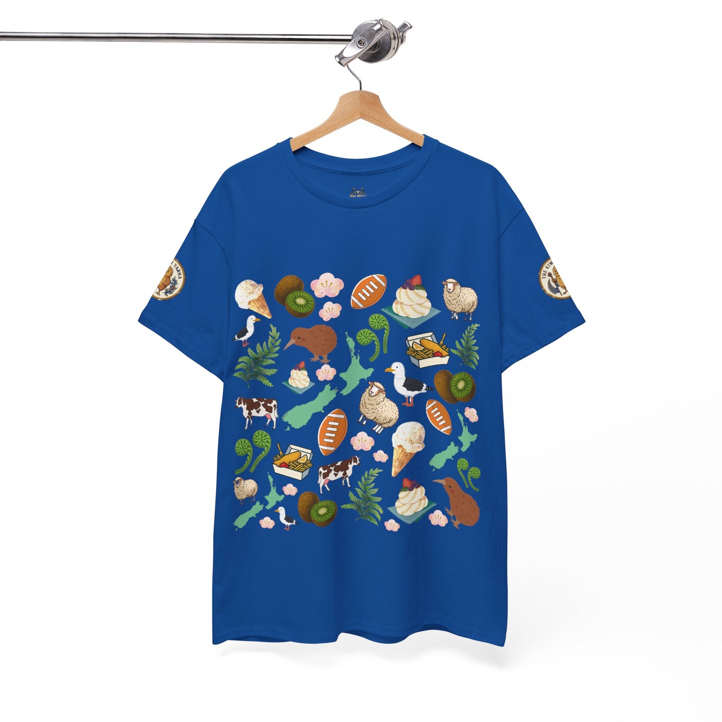 Kiwiana graphic T-shirt on hanger in antique sapphire blue with full wildlife collage front