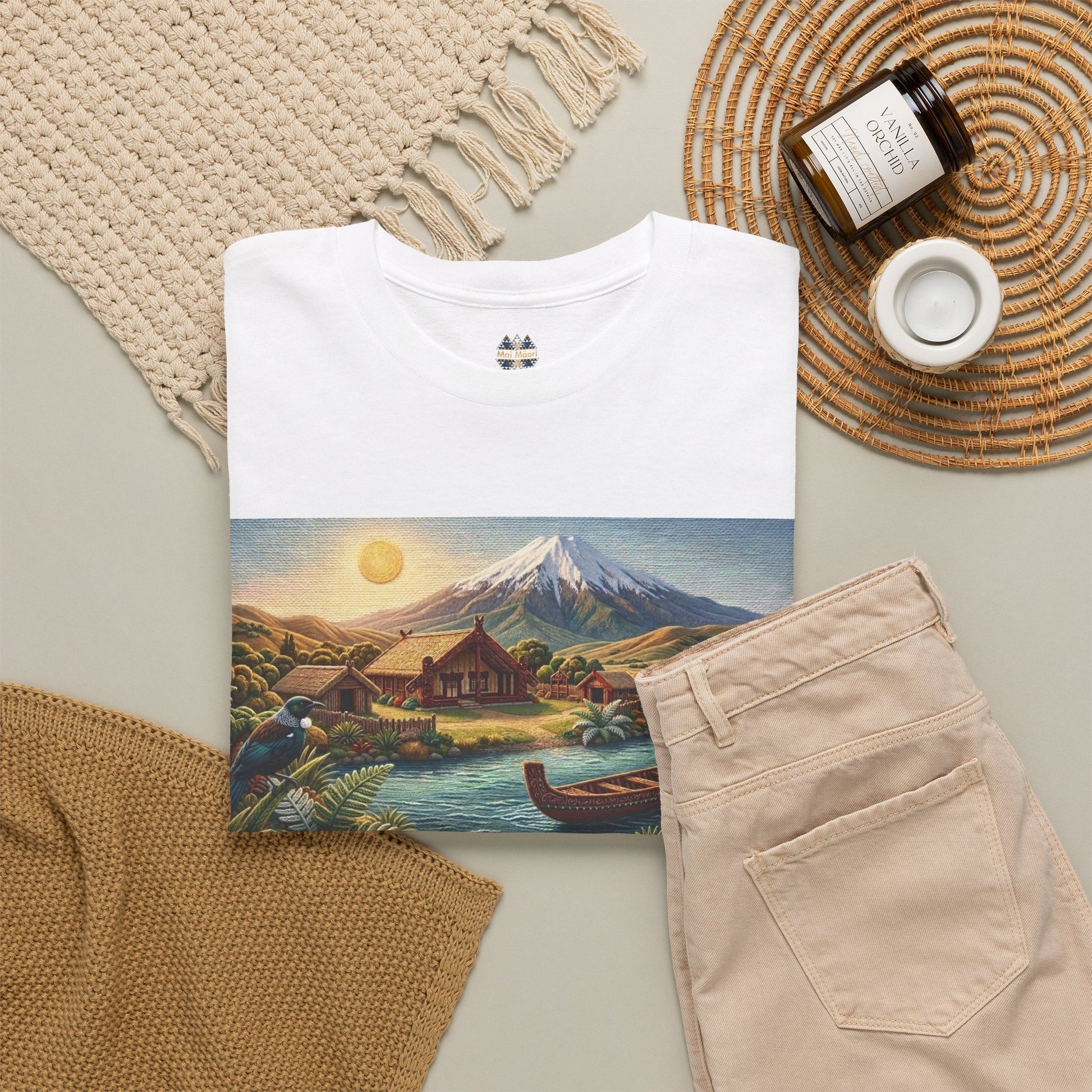 White short-sleeve T-shirt with front landscape print and small chest logo