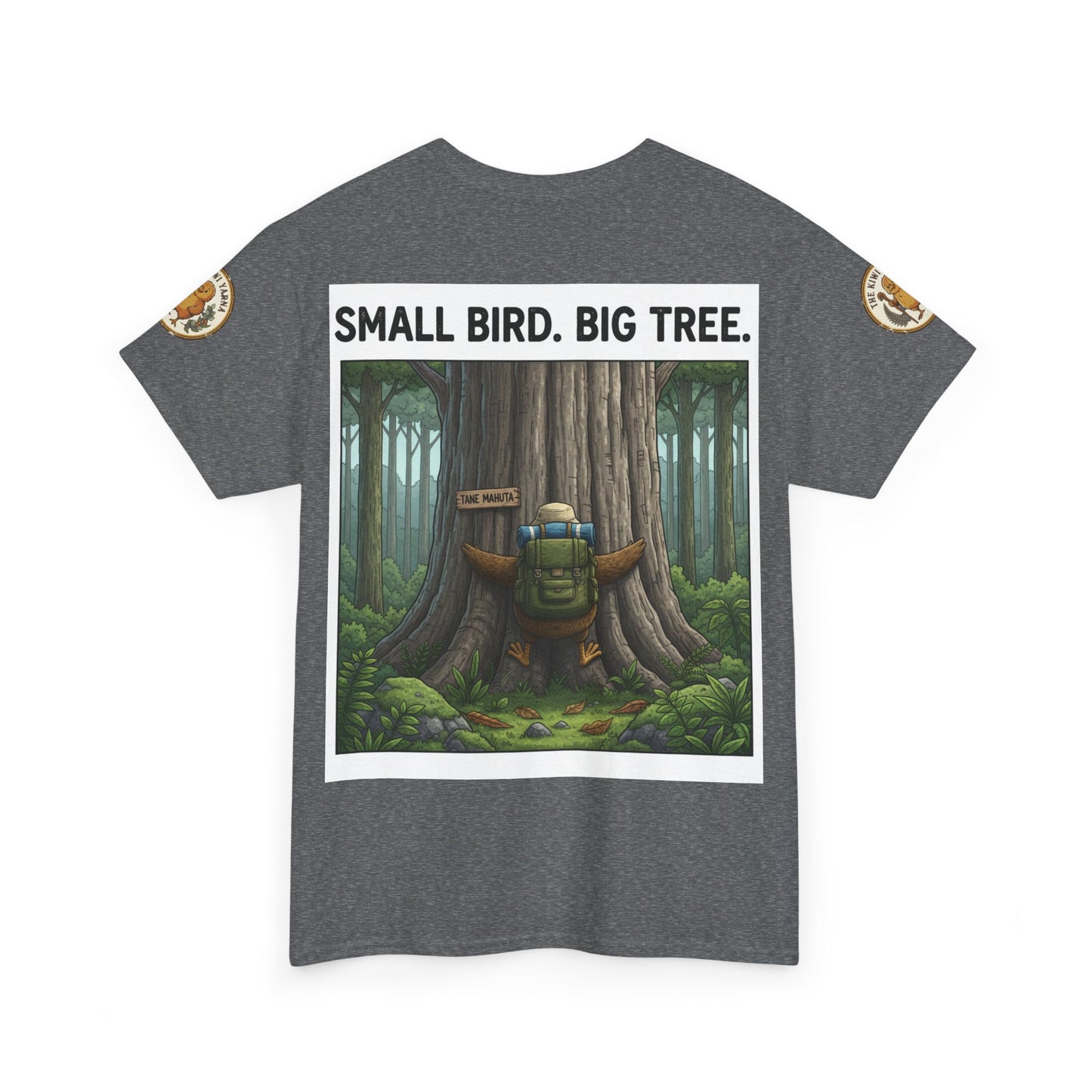 Heather gray graphic T-shirt with forest tree artwork and “SMALL BIRD. BIG TREE.” print