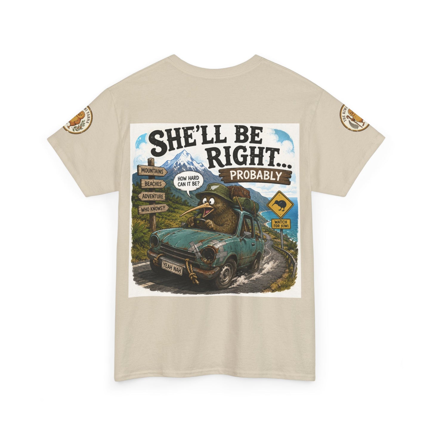Cream crewneck graphic T-shirt with front car and landscape print